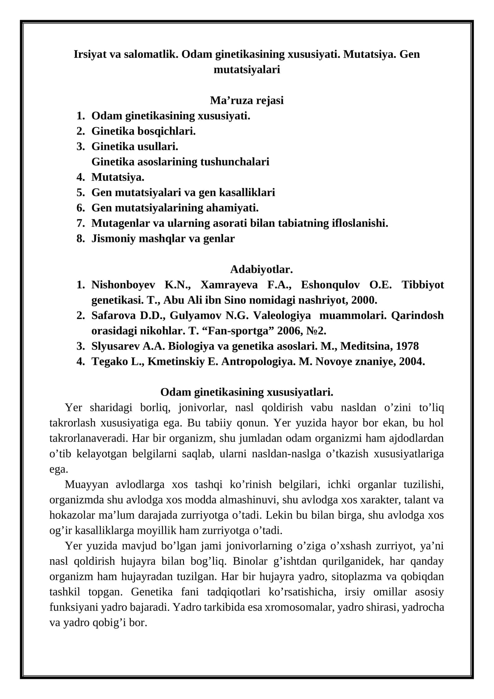 Irsiyat va salomatlik. Odam ginetikasining xususiyati. Mutatsiya. Gen mutatsiyalari 1