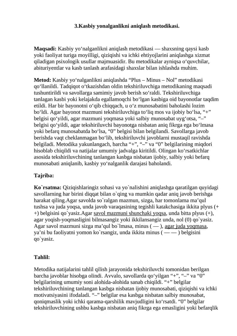 Kasbiy yonalganlikni aniqlash metodikasi 1