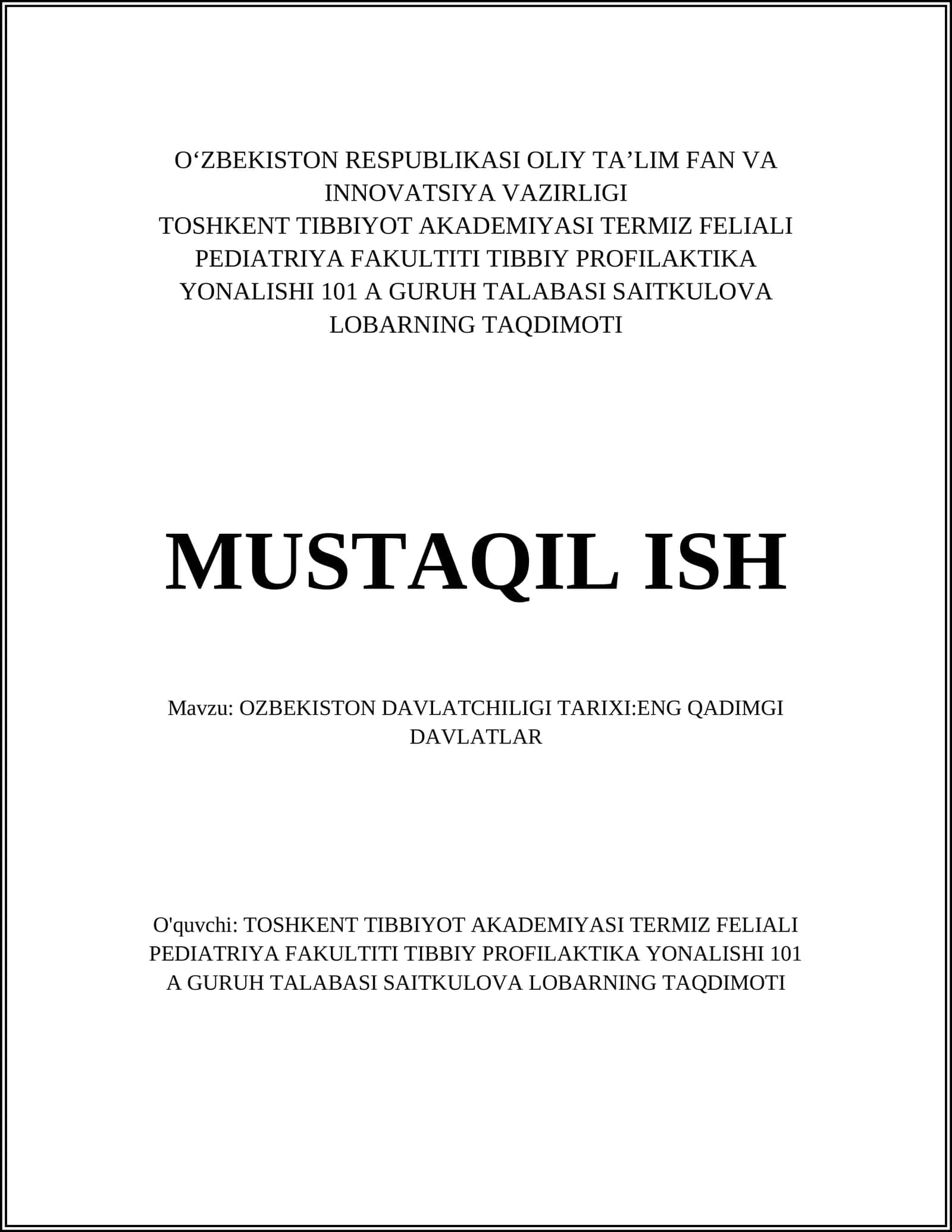 OZBEKISTON DAVLATCHILIGI TARIXI:ENG QADIMGI DAVLATLAR 1