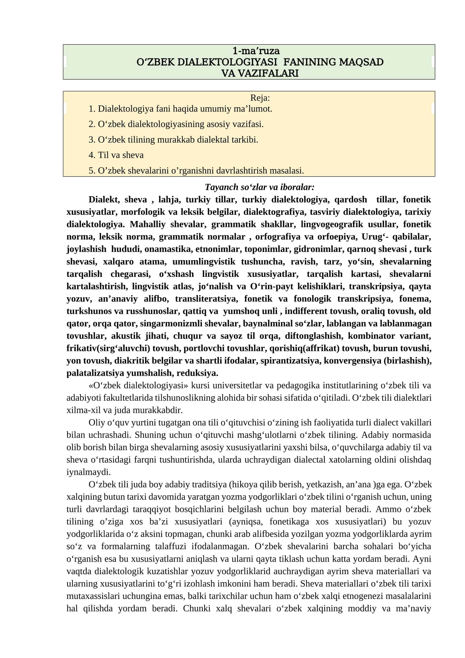 O‘ZBEK DIALEKTOLOGIYASI FANINING MAQSAD VA VAZIFALARI 1