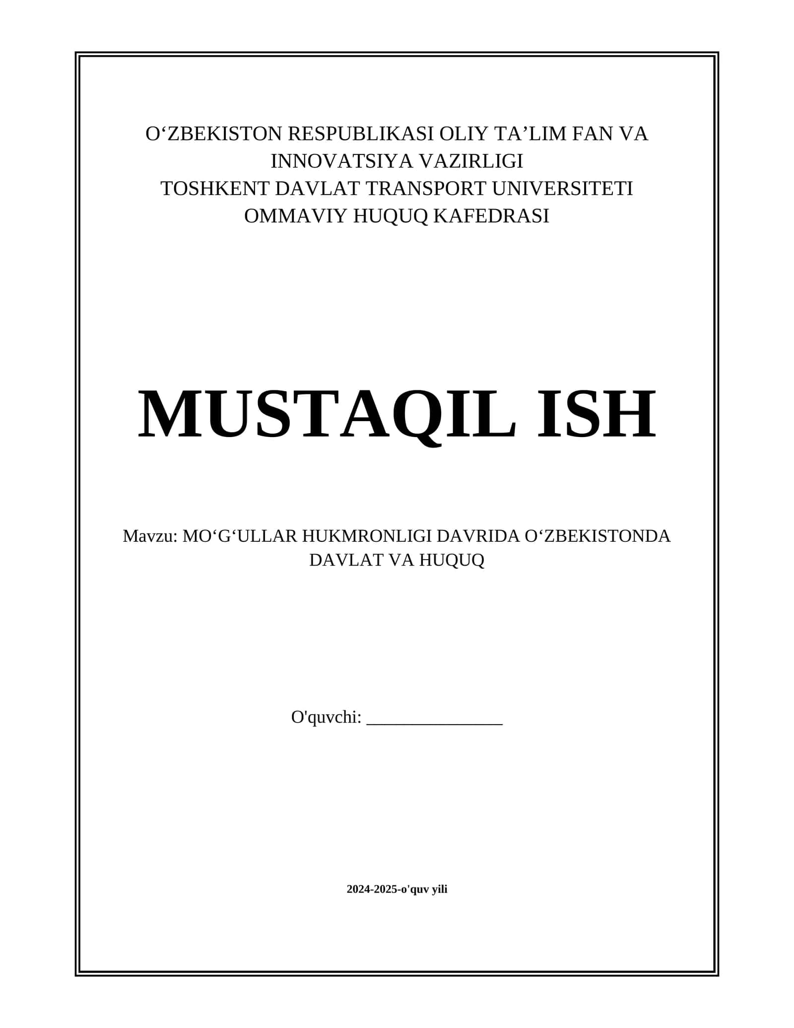 MOʻGʻULLAR HUKMRONLIGI DAVRIDA OʻZBEKISTONDA DAVLAT VA HUQUQ 1