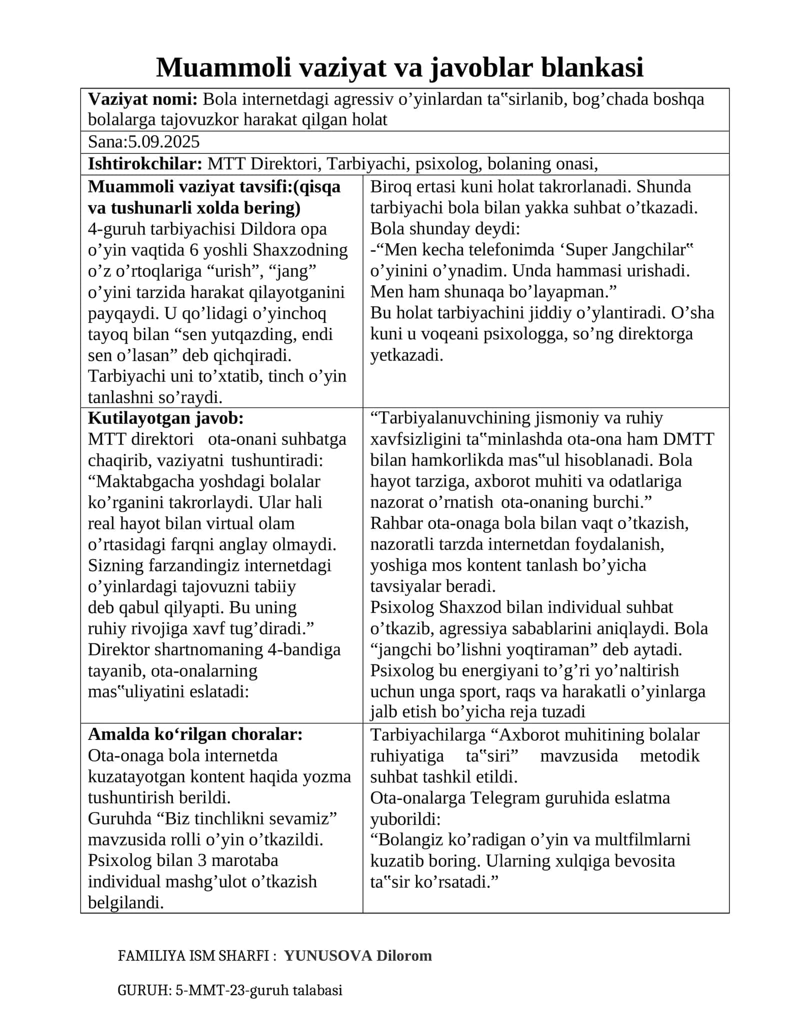 Muammoli vaziyat va javoblar blankasi 1