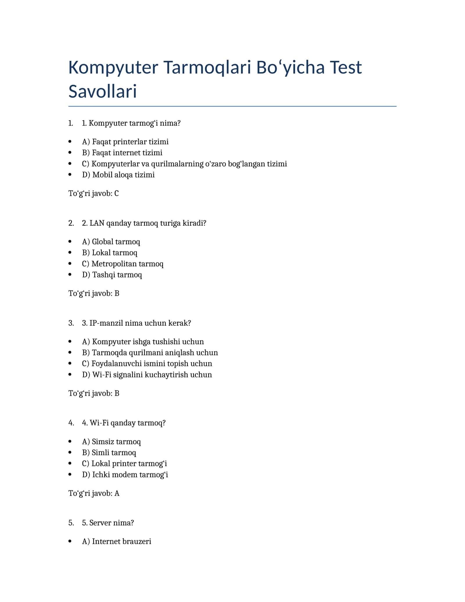 Kompyuter Tarmoqlari Bo‘yicha Test Savollari 1