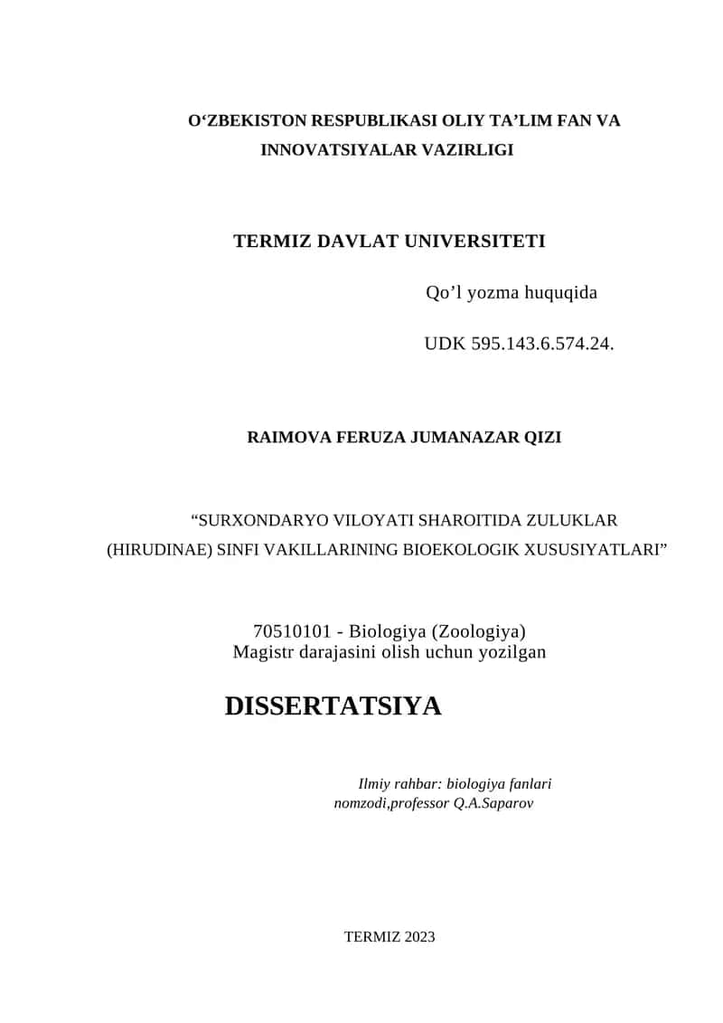“SURXONDARYO VILOYATI SHAROITIDA ZULUKLAR (HIRUDINAE) SINFI VAKILLARINING BIOEKOLOGIK XUSUSIYATLARI” 1