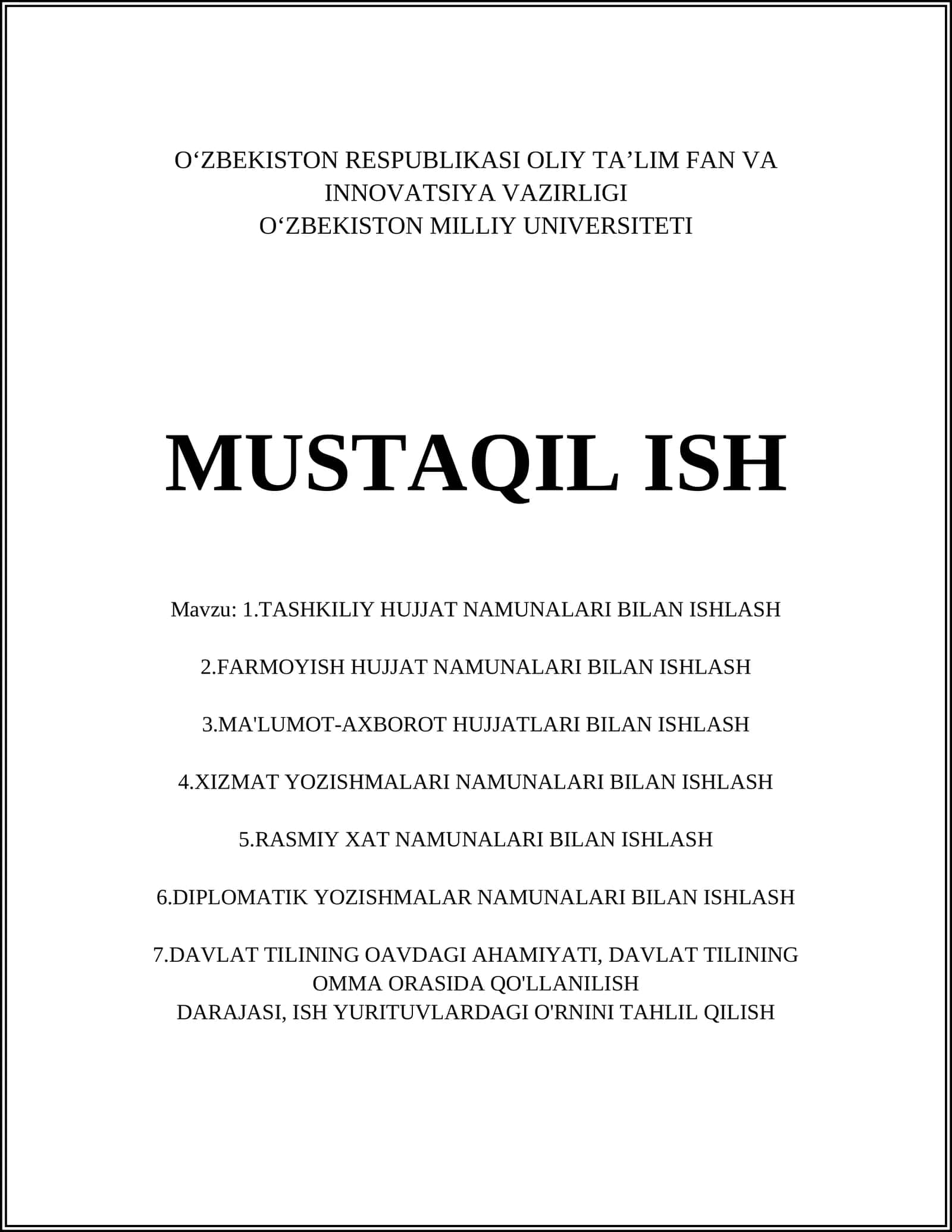 TASHKILIY HUJJAT NAMUNALARI BILAN ISHLASH 1