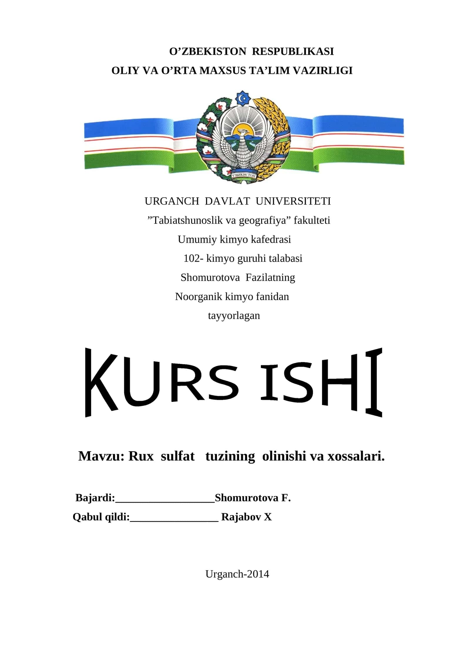 Rux sulfat tuzining olinishi va xossalari 1
