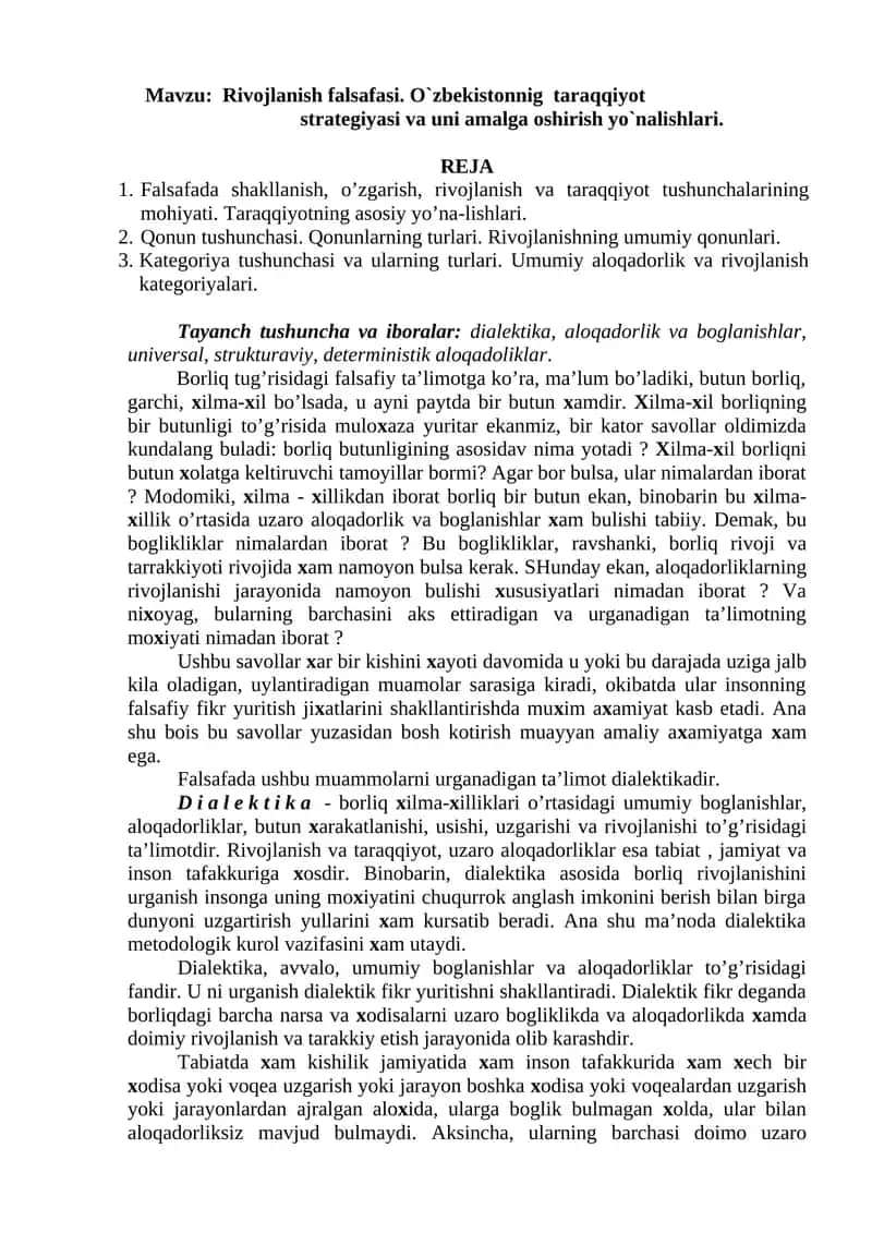Rivojlanish falsafasi. O`zbekistonnig taraqqiyot strategiyasi va uni amalga oshirish yo`nalishlari 1