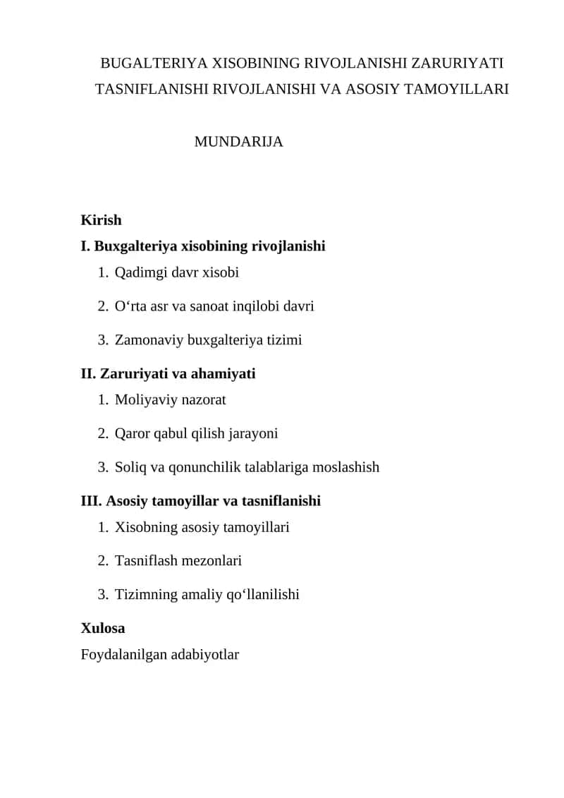 BUGALTERIYA XISOBINING RIVOJLANISHI ZARURIYATI TASNIFLANISHI RIVOJLANISHI VA ASOSIY TAMOYILLARI 1