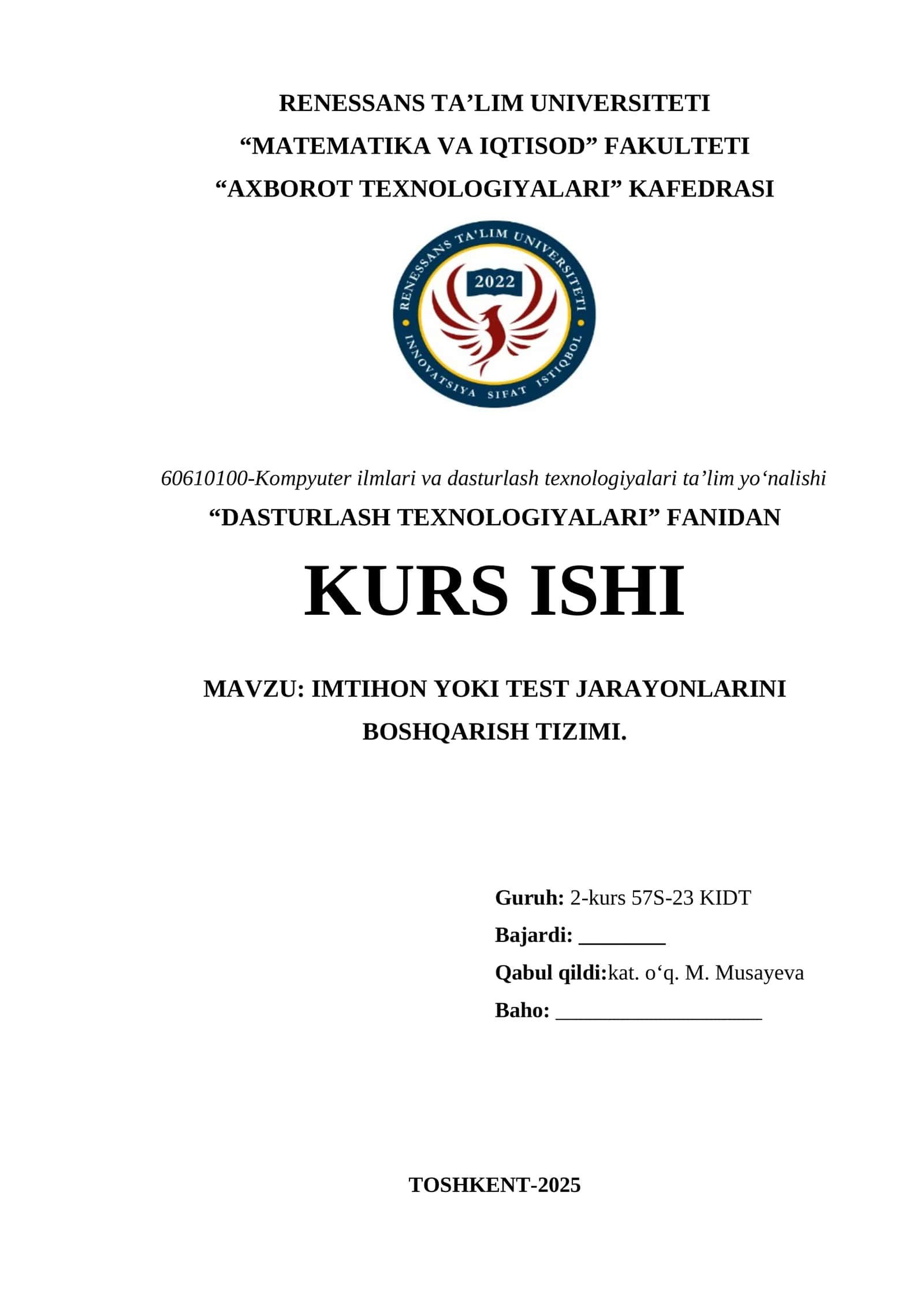 IMTIHON YOKI TEST JARAYONLARINI BOSHQARISH TIZIMI 1