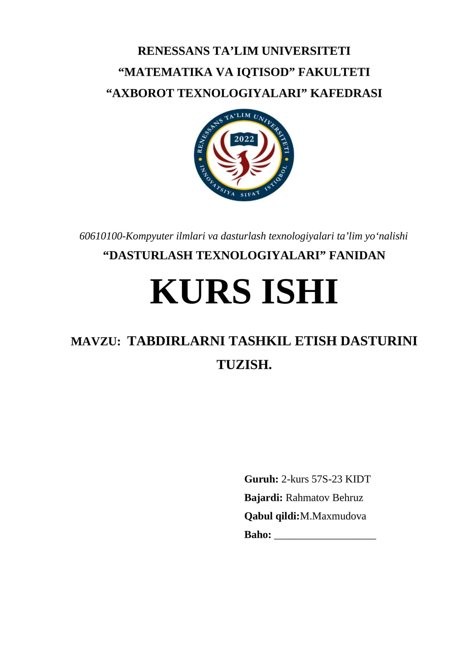 TABDIRLARNI TASHKIL ETISH DASTURINI TUZISH 1