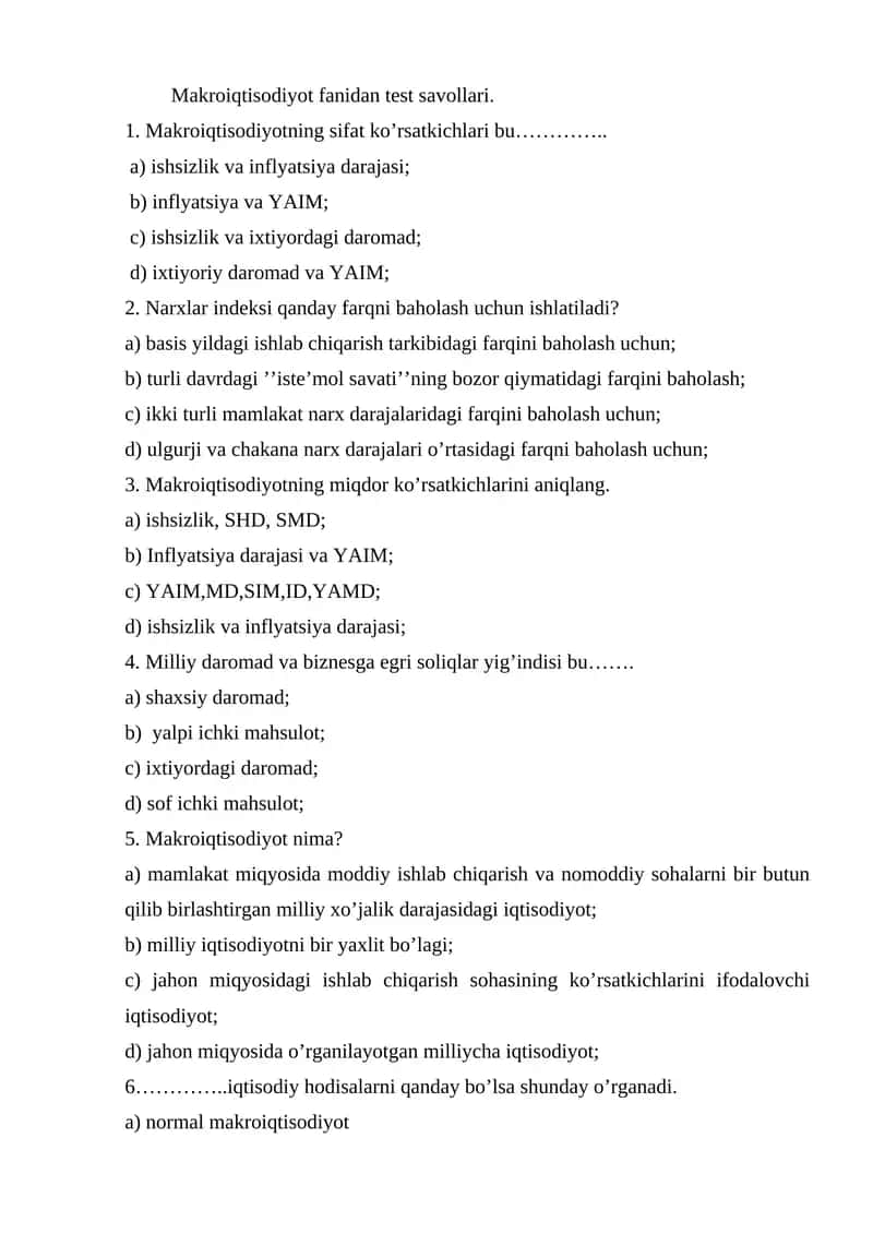 Makroiqtisodiyot fanidan test savollari 1