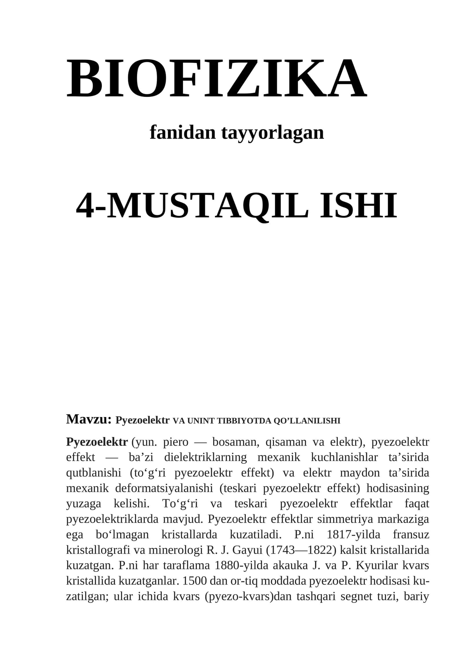 Pyezoelektr VA UNINT TIBBIYOTDA QO’LLANILISHI 1