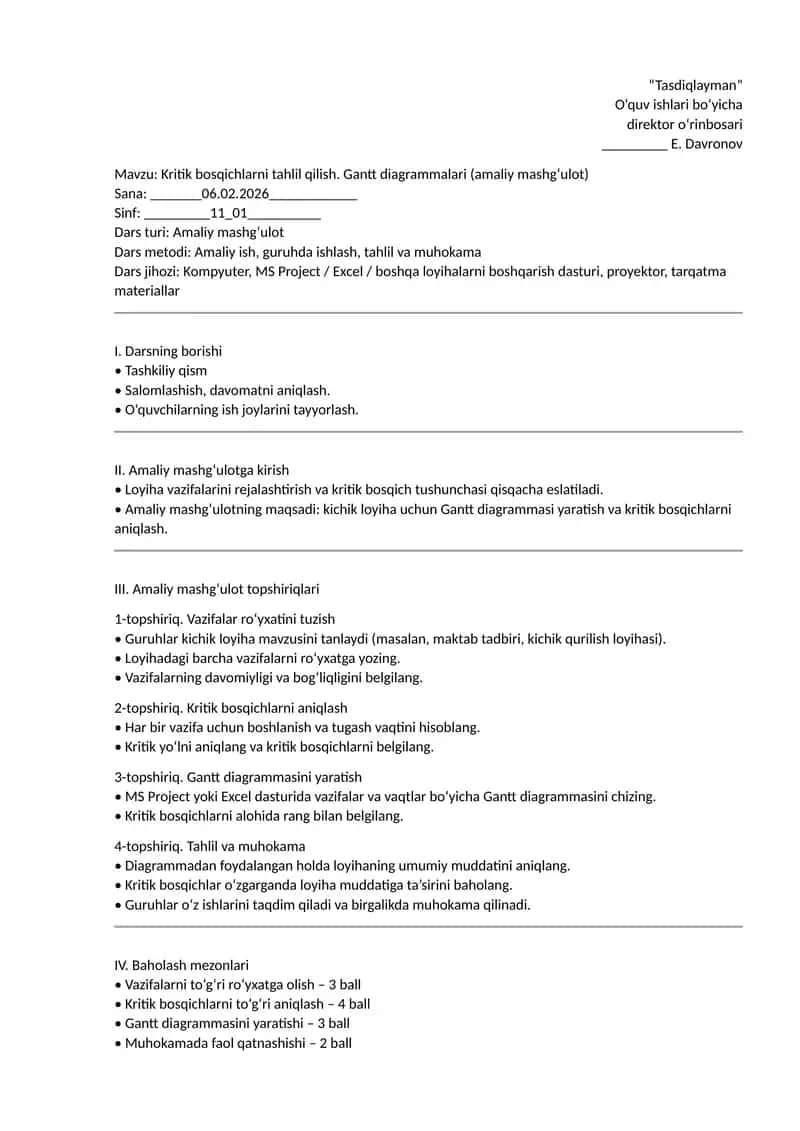 Kritik bosqichlarni tahlil qilish. Gantt diagrammalari (amaliy mashg‘ulot) 1