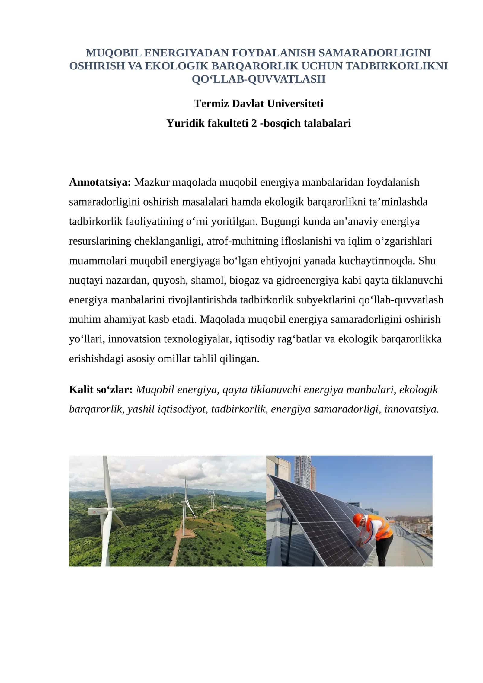 MUQOBIL ENERGIYADAN FOYDALANISH SAMARADORLIGINI OSHIRISH VA EKOLOGIK BARQARORLIK UCHUN TADBIRKORLIKNI QO‘LLAB-QUVVATLASH 1