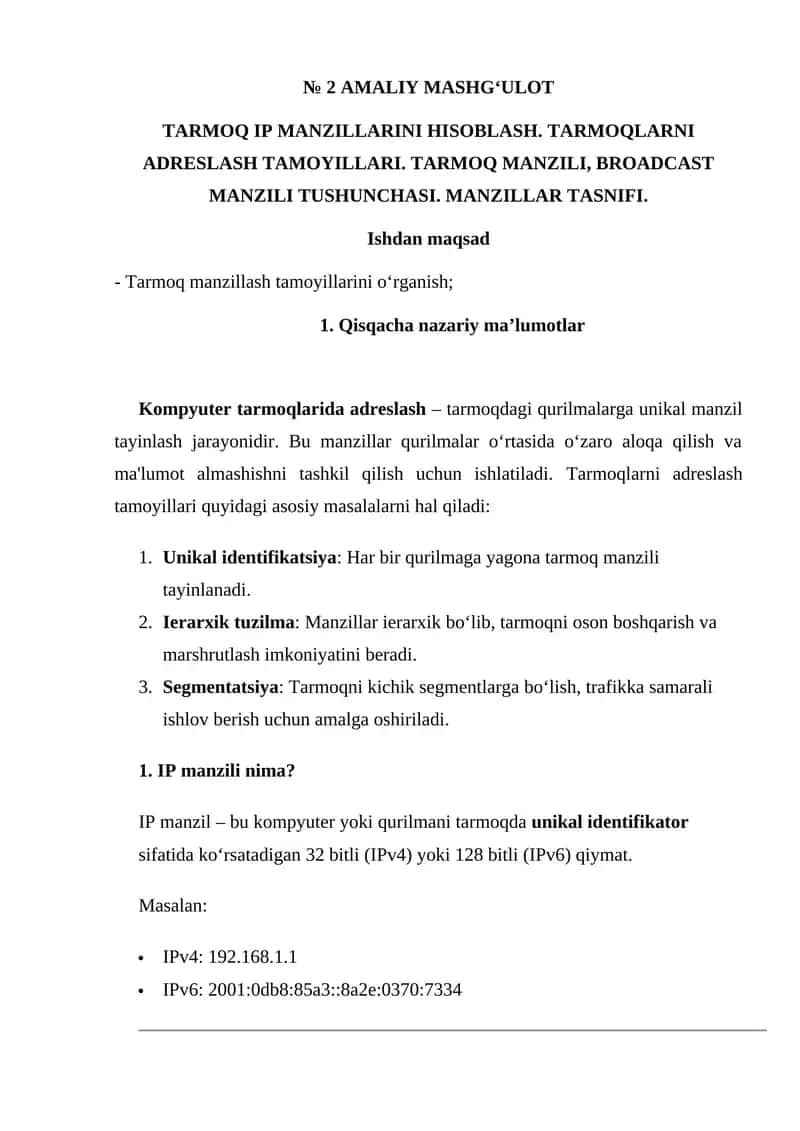 TARMOQ IP MANZILLARINI HISOBLASH. TARMOQLARNI ADRESLASH TAMOYILLARI. TARMOQ MANZILI, BROADCAST MANZILI TUSHUNCHASI. MANZILLAR TASNIFI. 1