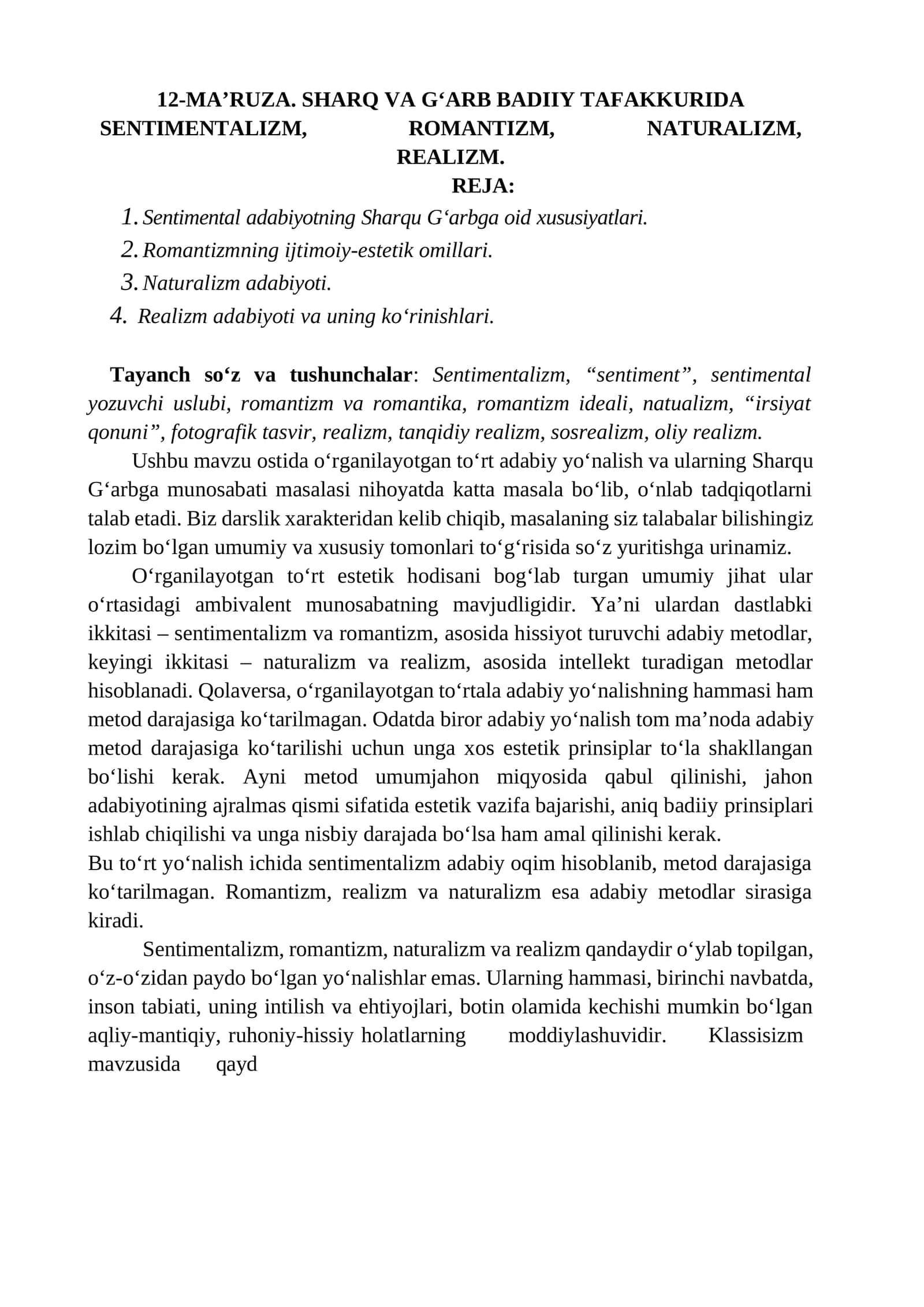 SHARQ VA GʻARB BADIIY TAFAKKURIDA SENTIMENTALIZM, ROMANTIZM, NATURALIZM, REALIZM 1