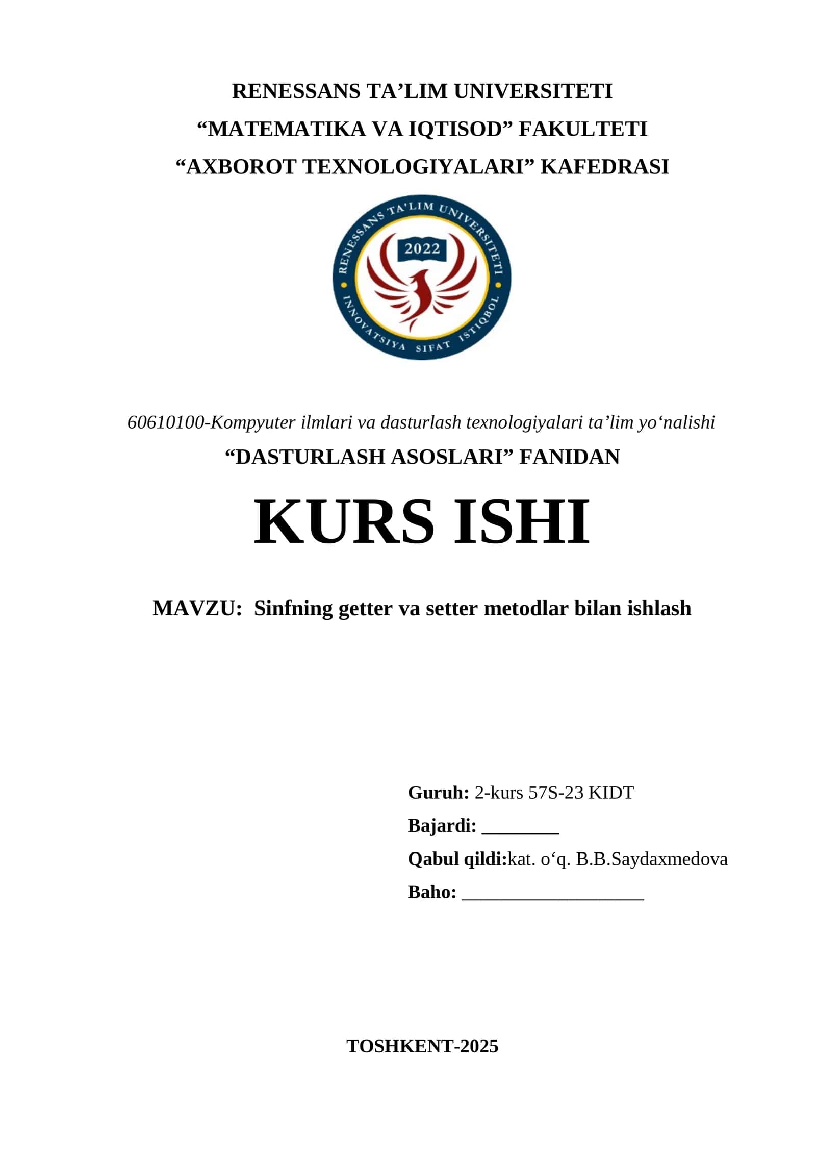 Mavzu: Sinfning getter va setter metodlar bilan ishlash 1