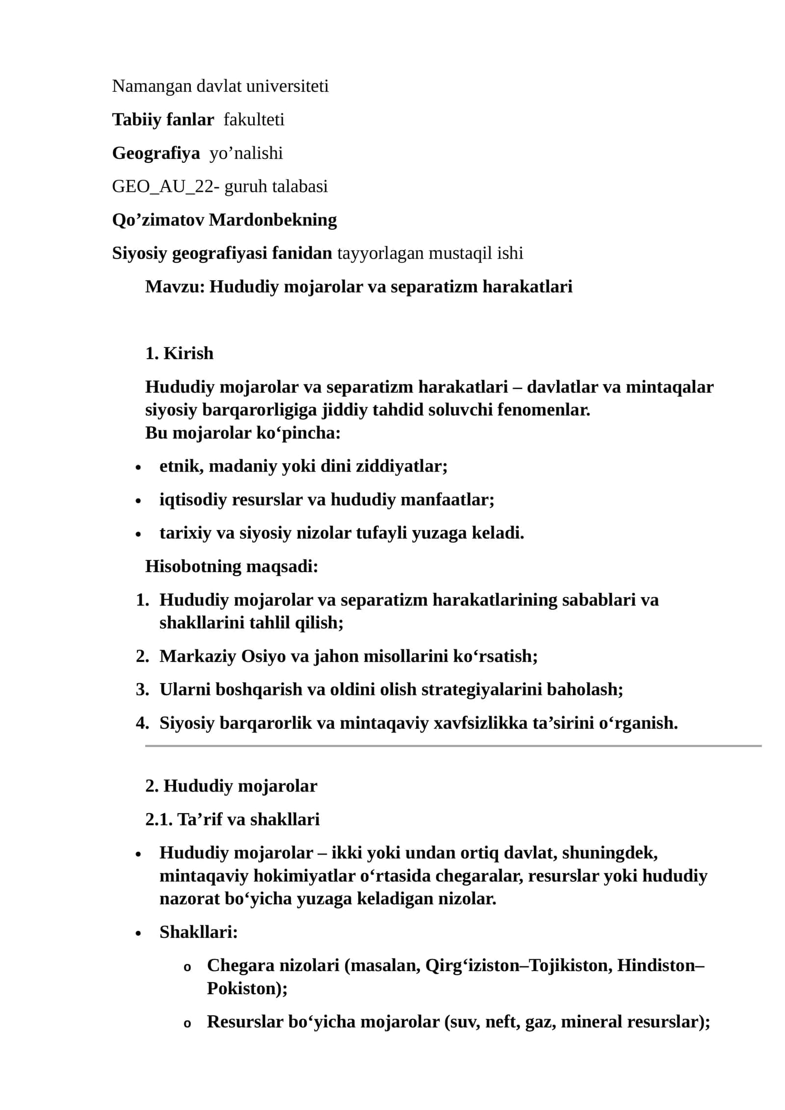 Qo’zimatov Mardonbekning Siyosiy geografiyasi fanidan tayyorlagan mustaqil ishi 1