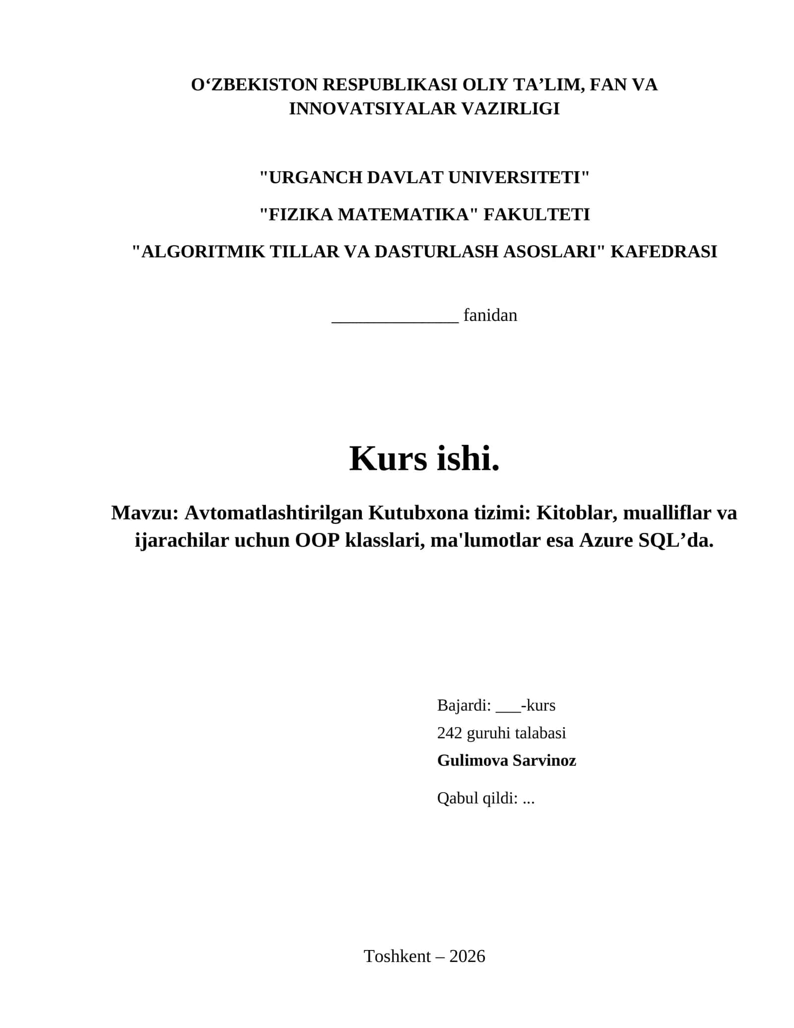 Avtomatlashtirilgan Kutubxona tizimi: Kitoblar, mualliflar va ijarachilar uchun OOP klasslari, ma'lumotlar esa Azure SQL’da. 1