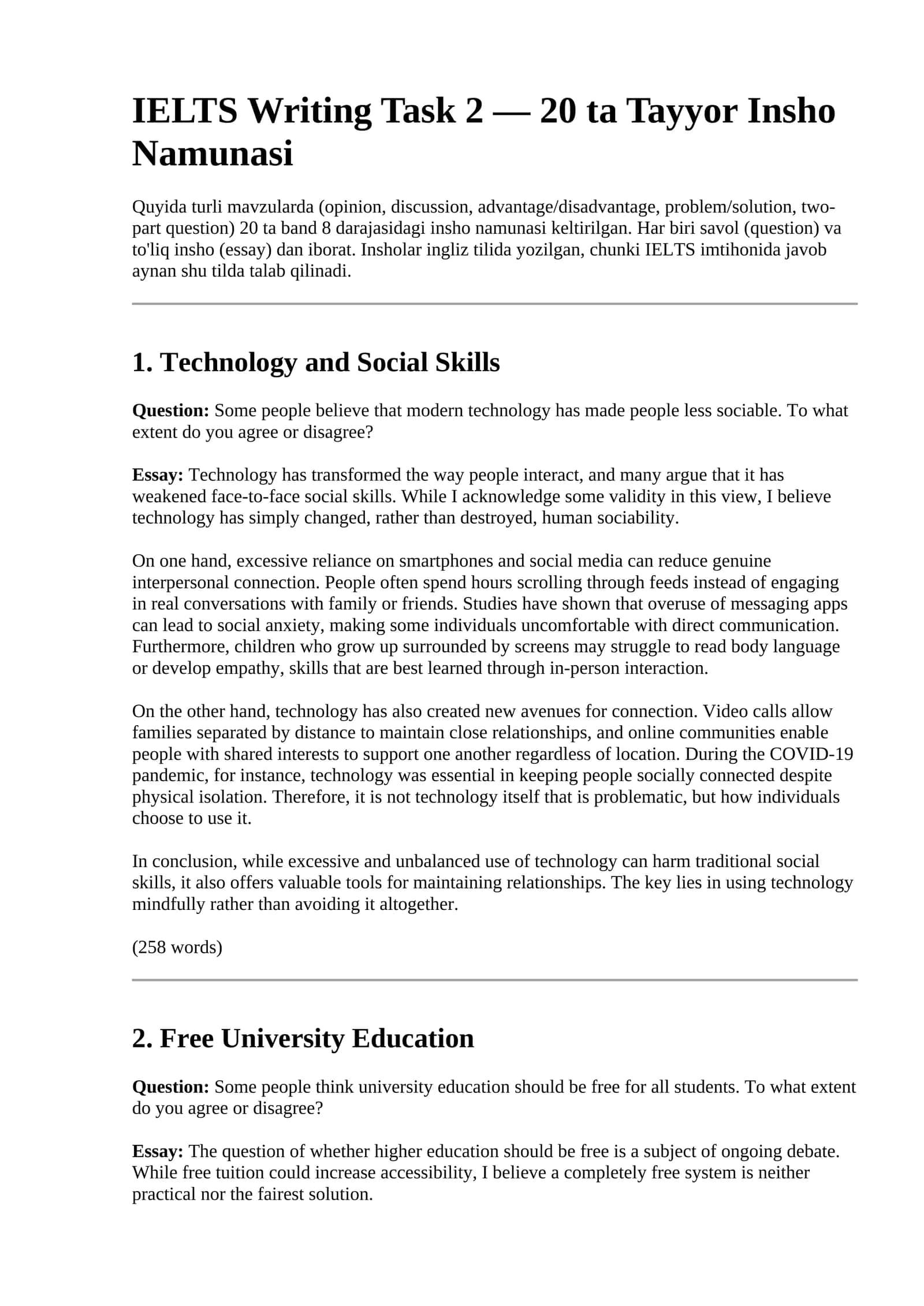 IELTS Writing uchun 20 ta tayyor insho namunasi 1