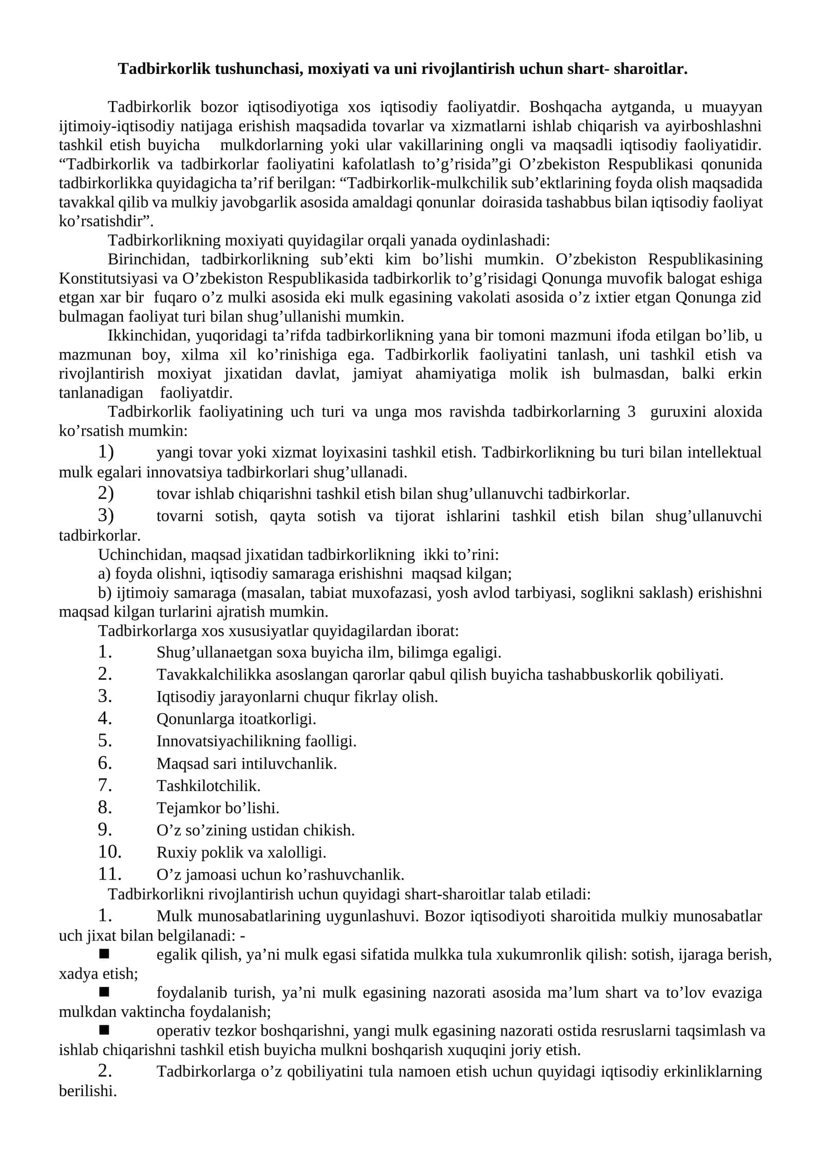 Tadbirkorlik tushunchasi, mohiyati va uni rivojlantirish uchun shart-sharoitlar 1