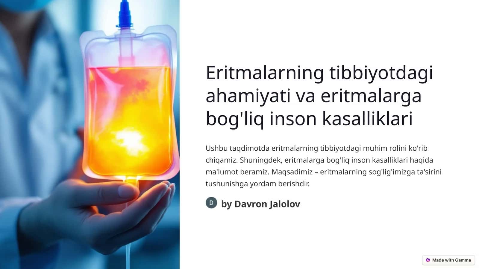 Eritmalarning tibbiyotdagi ahamiyati va eritmalarga bog'liq inson kasalliklari 1