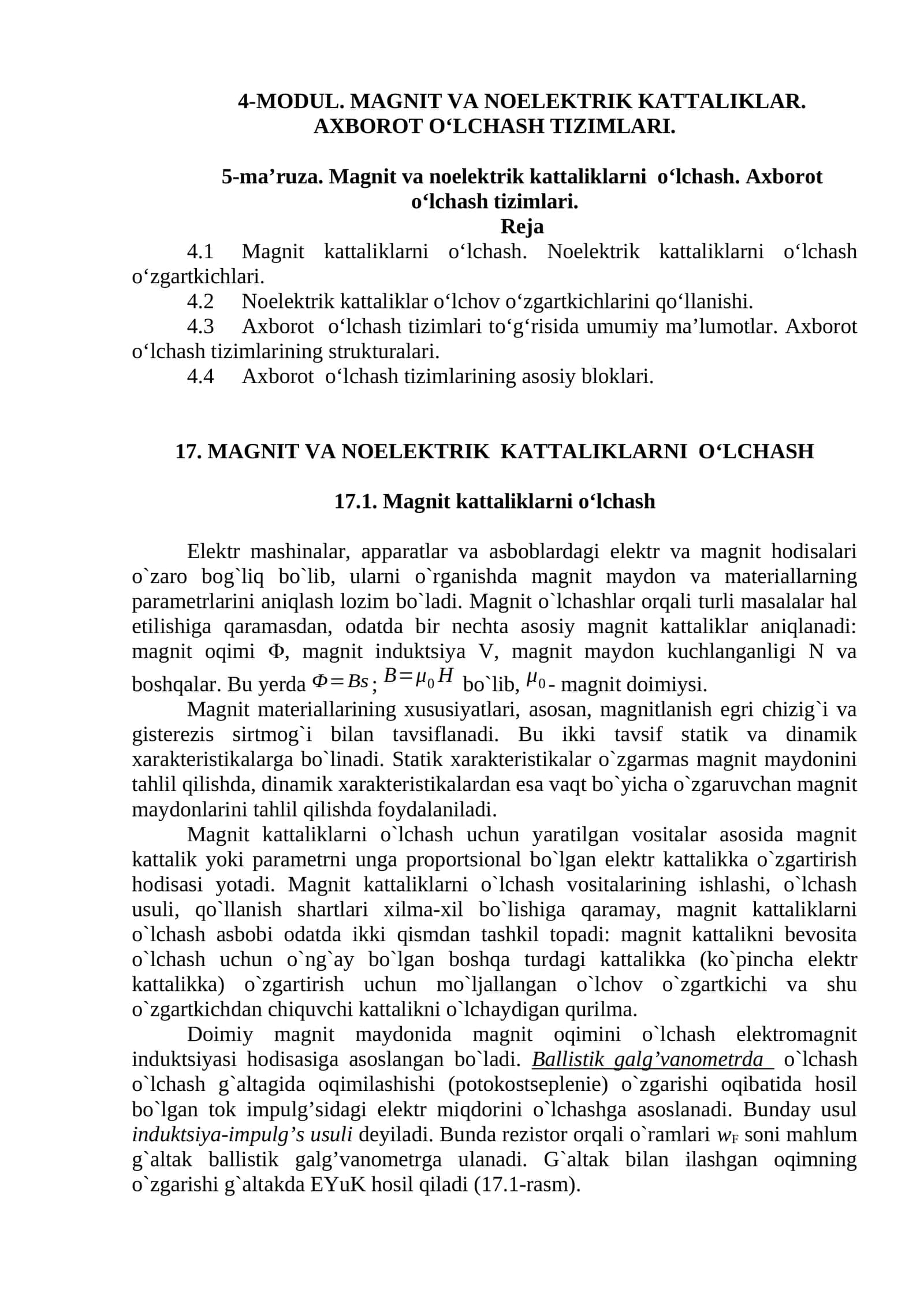 MAGNIT VA NOELEKTRIK KATTALIKLAR. AXBOROT OʻLCHASH TIZIMLARI 1