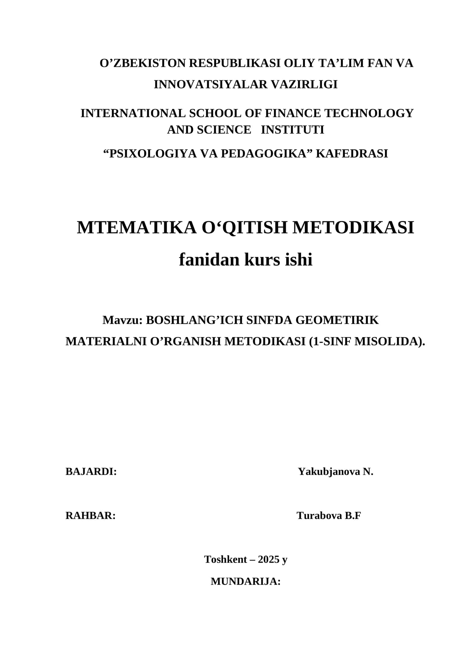 BOSHLANG’ICH SINFDA GEOMETIRIK MATERIALNI O’RGANISH METODIKASI (1-SINF MISOLIDA). KURS ISHI 1