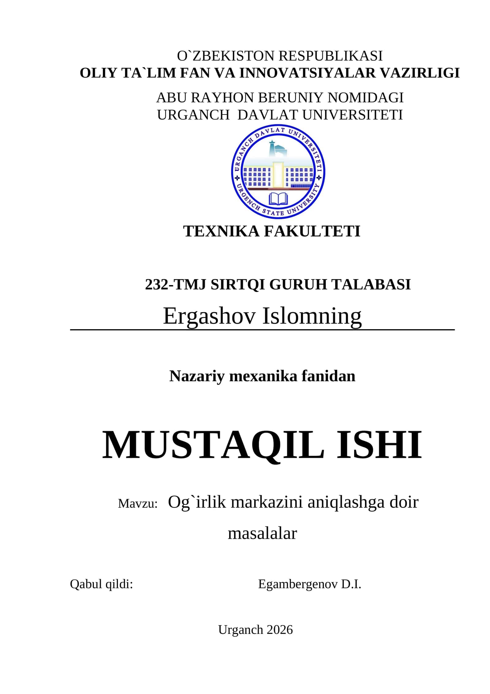 Og`irlik markazini aniqlashga doir masalalar 1