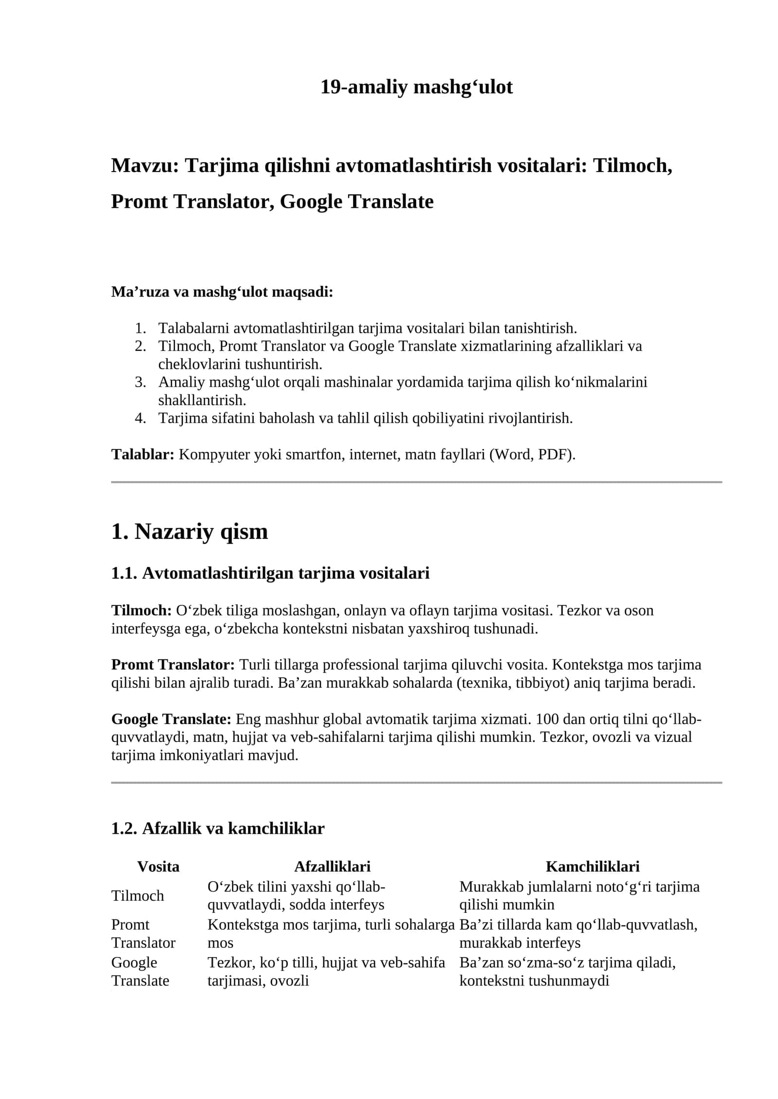 Tarjima qilishni avtomatlashtirish vositalari: Tilmoch, Promt Translator, Google Translate 1