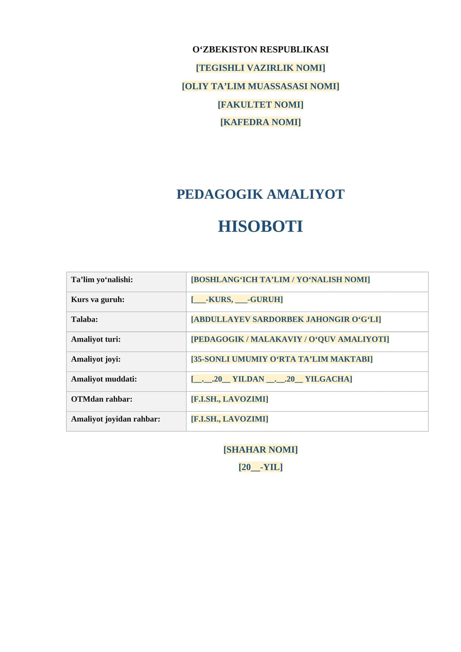 Pedagogik amaliyot hisoboti | Talabalar uchun tayyor Word namuna | DOCX 1