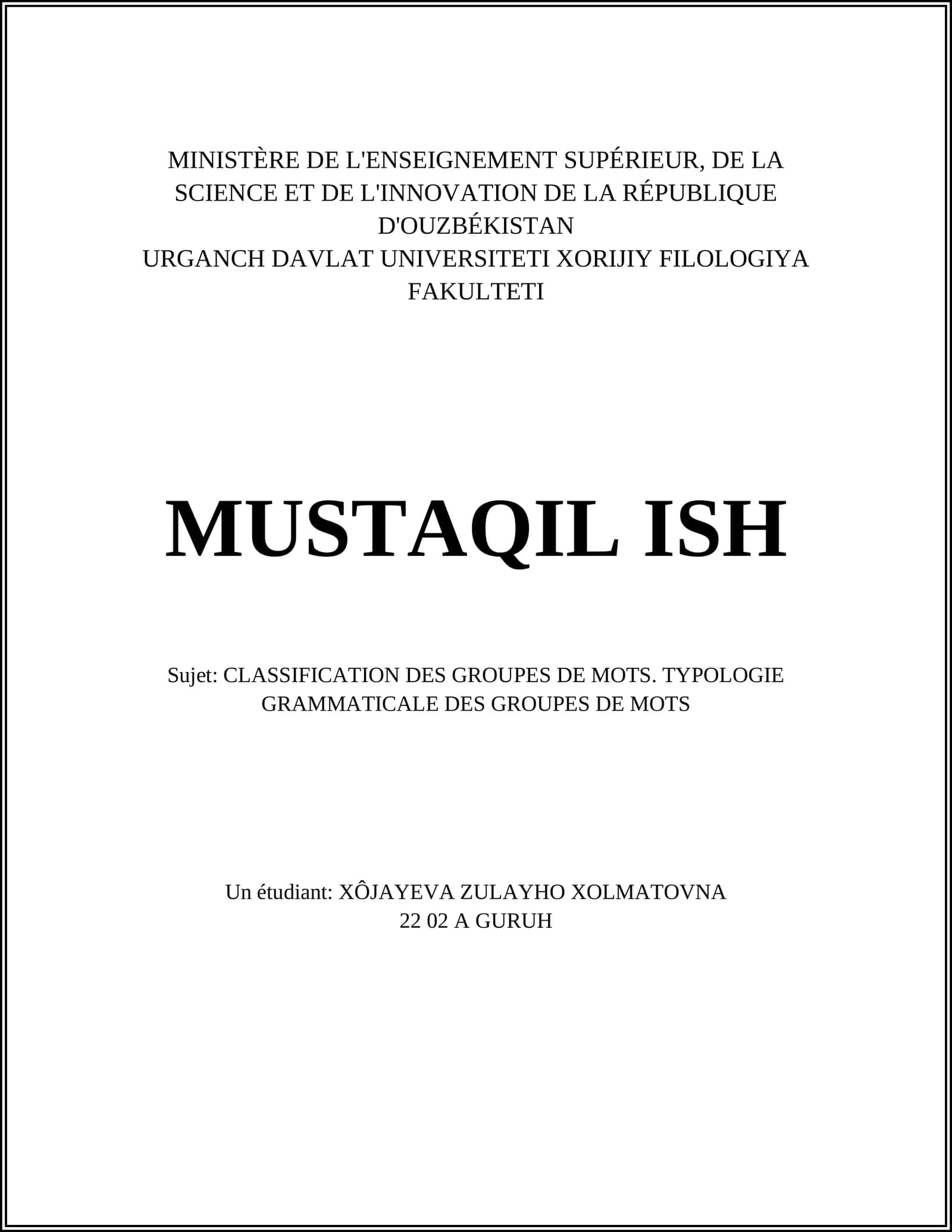 CLASSIFICATION DES GROUPES DE MOTS. TYPOLOGIE GRAMMATICALE DES GROUPES DE MOTS 1