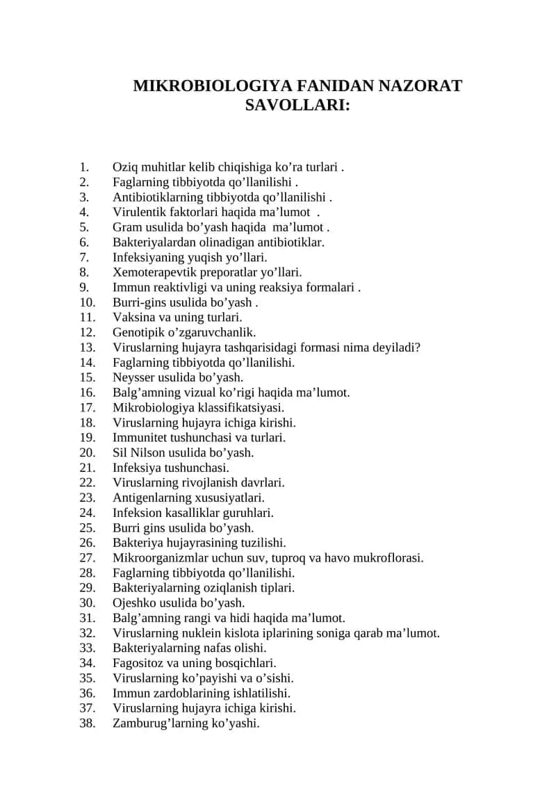 MIKROBIOLOGIYA FANIDAN NAZORAT SAVOLLARI 1