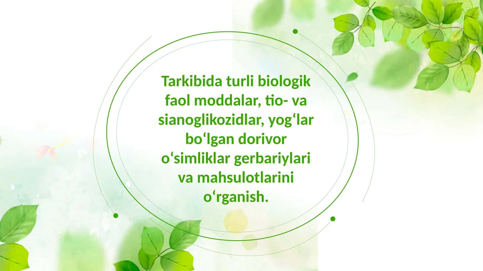 Tarkibida turli biologik faol moddalar, tio- va sianoglikozidlar, yog‘lar bo‘lgan dorivor o‘simliklar gerbariylari va mahsulotlarini o‘rganish 1