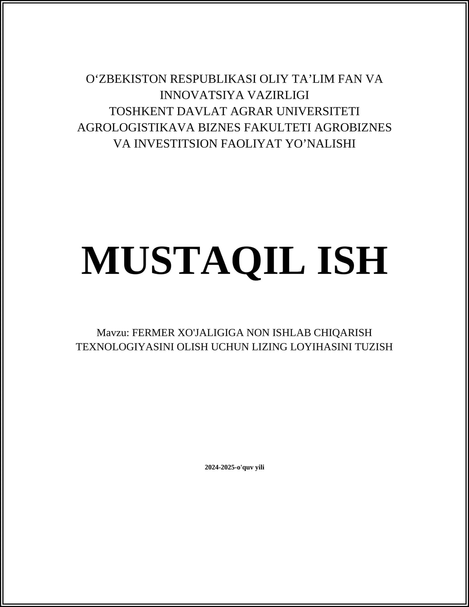 FERMER XO'JALIGIGA NON ISHLAB CHIQARISH TEXNOLOGIYASINI OLISH UCHUN LIZING LOYIHASINI TUZISH 1