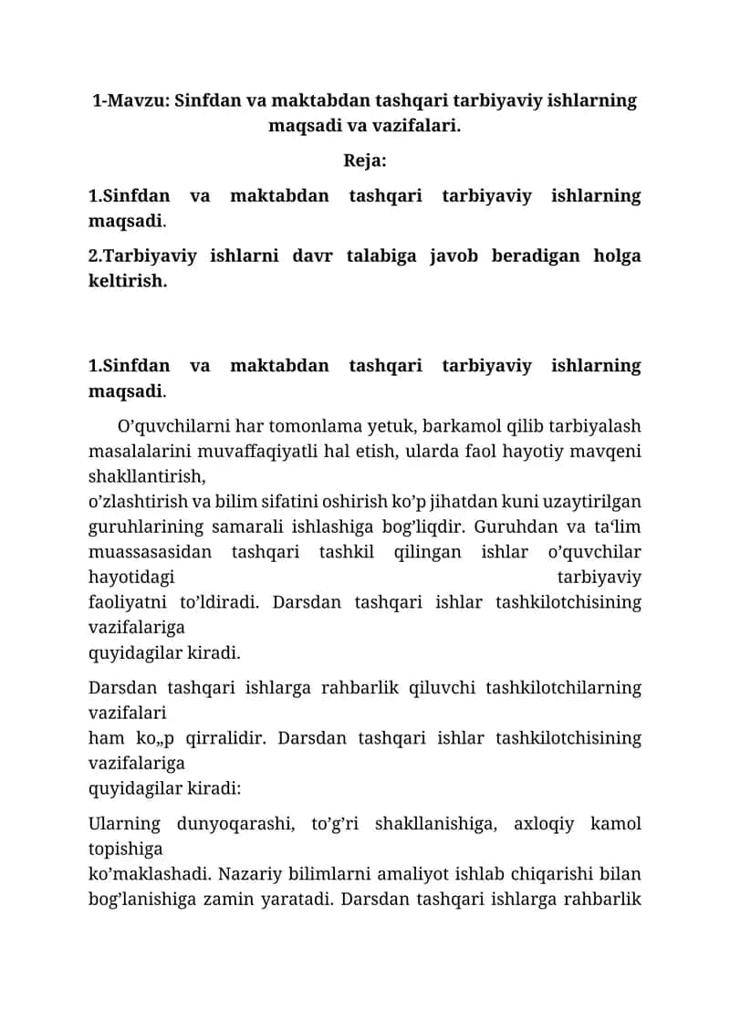 Sinfdan va maktabdan tashqari tarbiyaviy ishlarning maqsadi va vazifalari 1