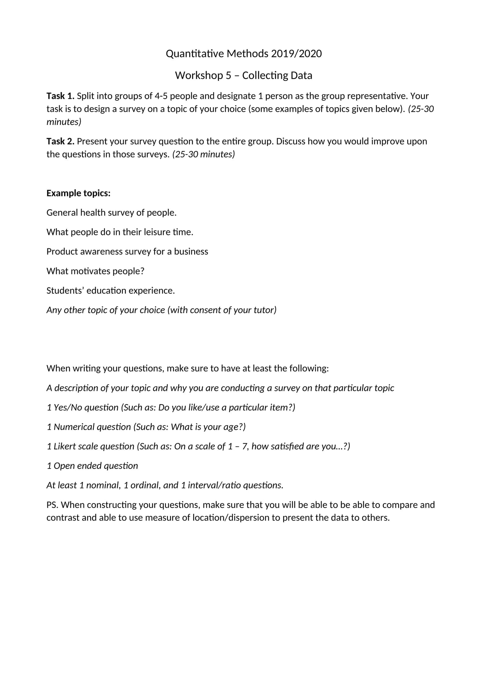Workshop 5 – Collecting Data 1