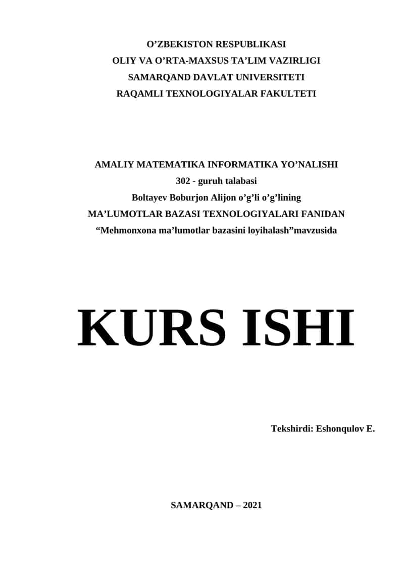 Mehmonxona ma’lumotlar bazasini loyihalash 1
