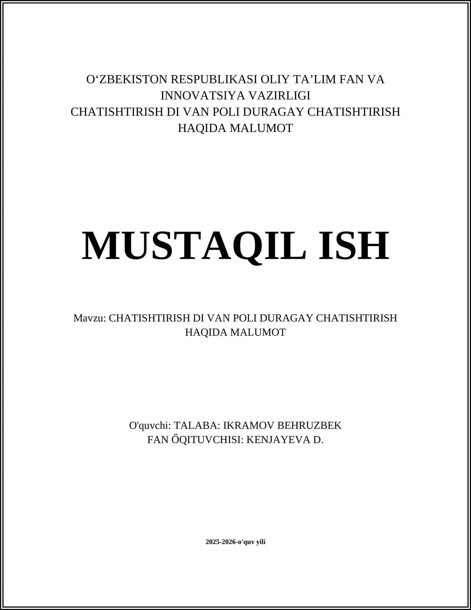 CHATISHTIRISH DI VAN POLI DURAGAY CHATISHTIRISH HAQIDA MALUMOT 1