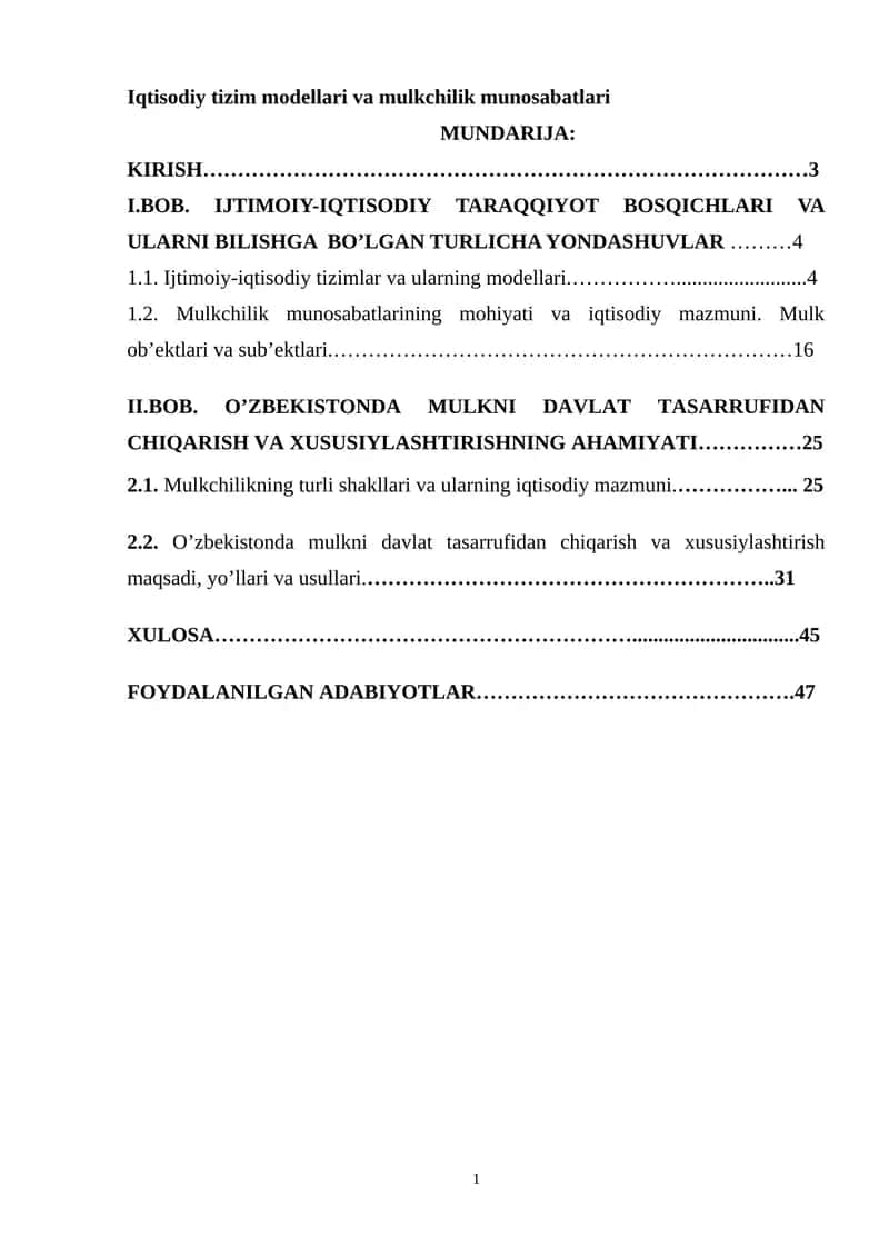 Iqtisodiy tizim modellari va mulkchilik munosabatlari 1