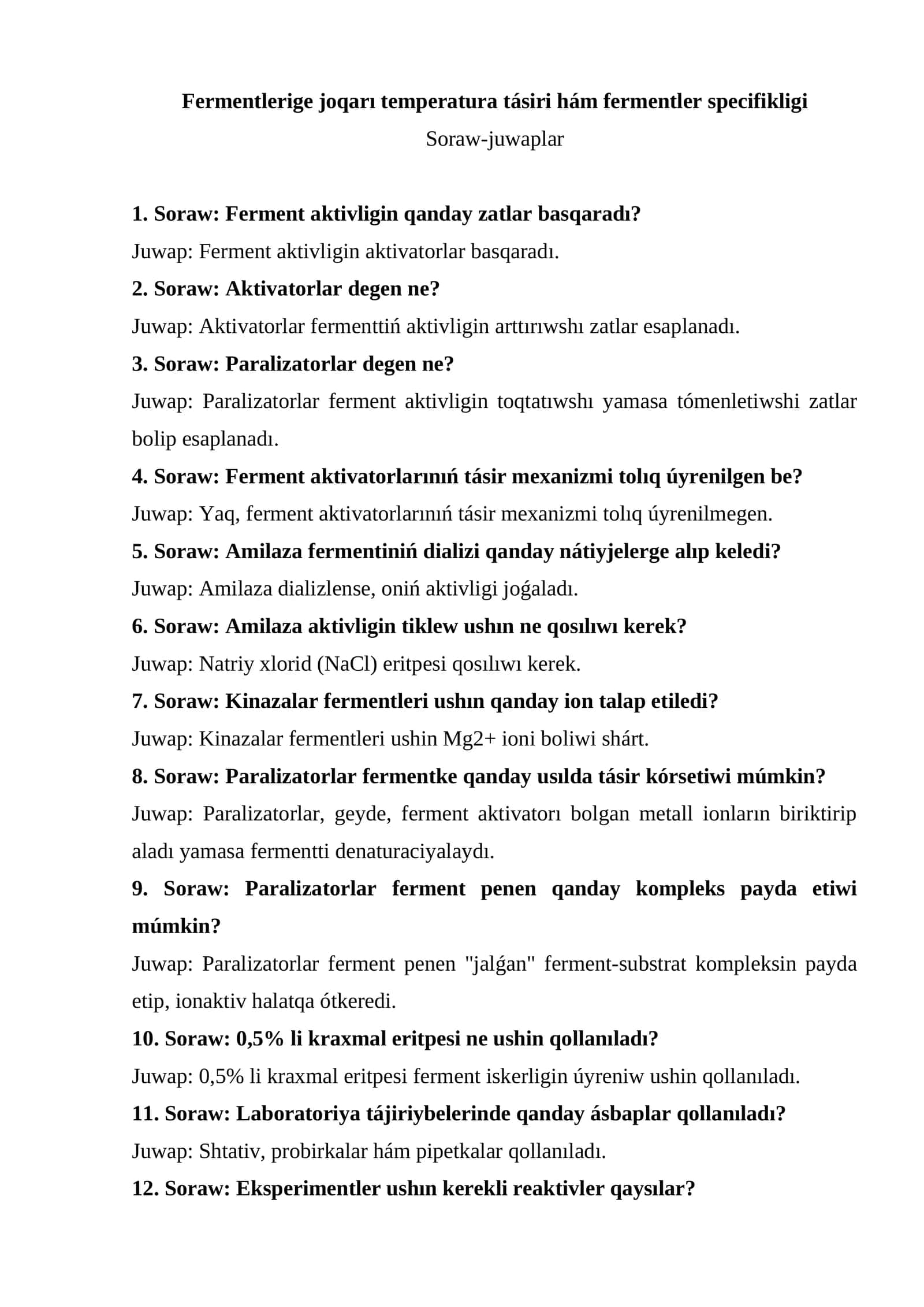 Fermentlerige joqarı temperatura tásiri hám fermentler specifikligi 1