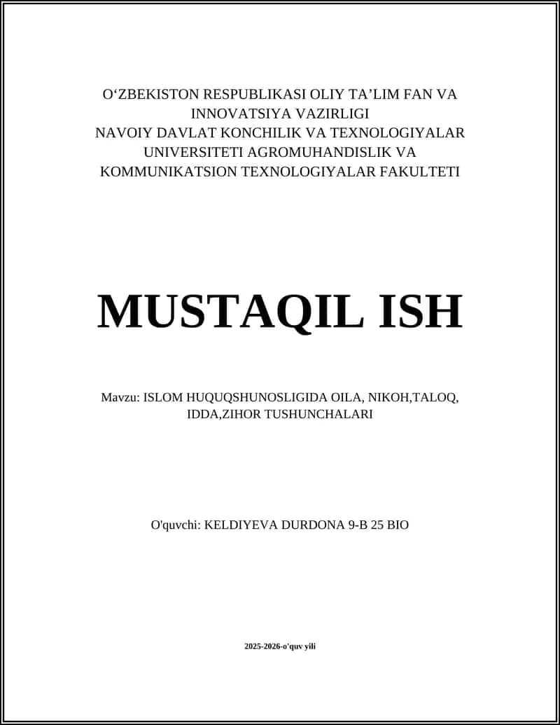 ISLOM HUQUQSHUNOSLIGIDA OILA, NIKOH,TALOQ, IDDA,ZIHOR TUSHUNCHALARI 1