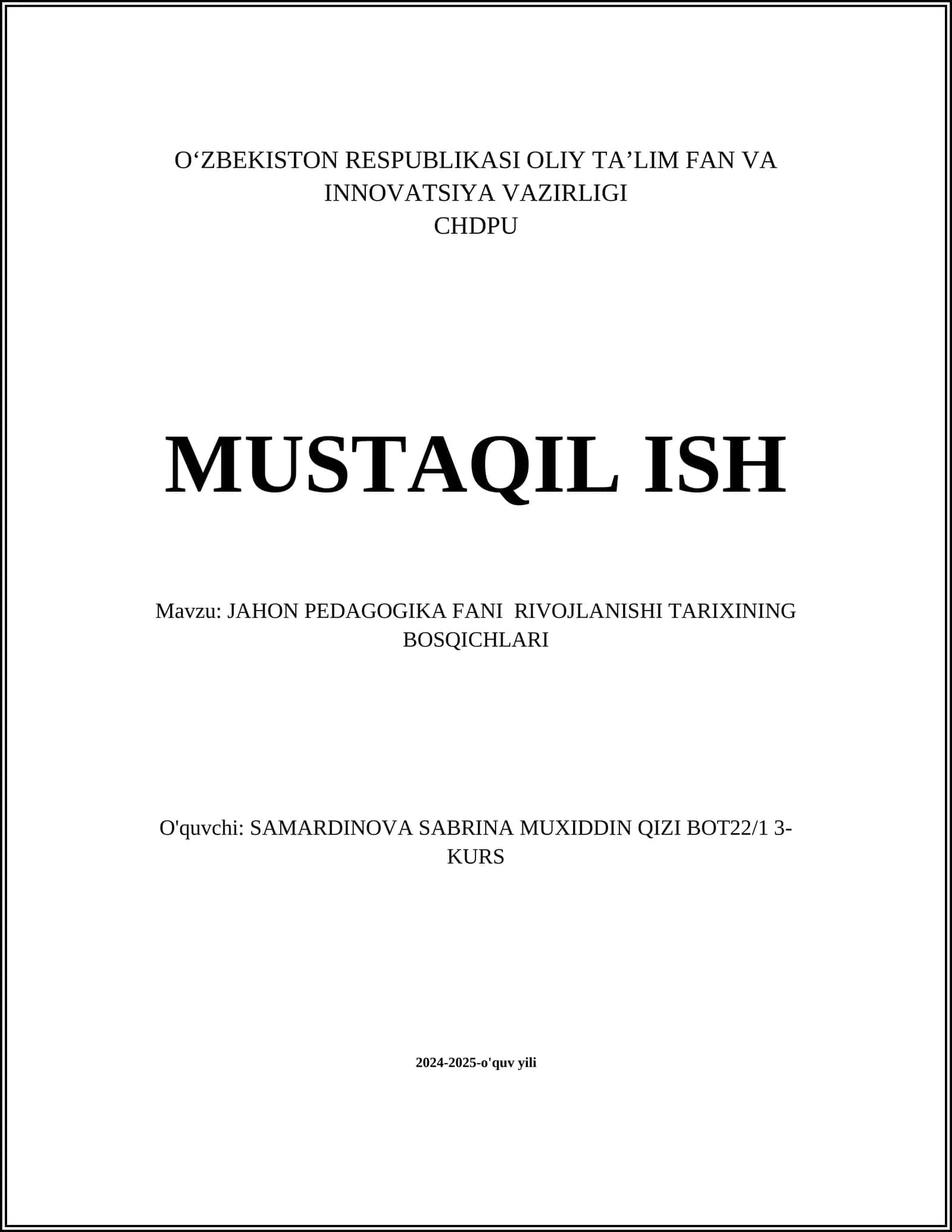 JAHON PEDAGOGIKA FANI RIVOJLANISHI TARIXINING BOSQICHLARI 1