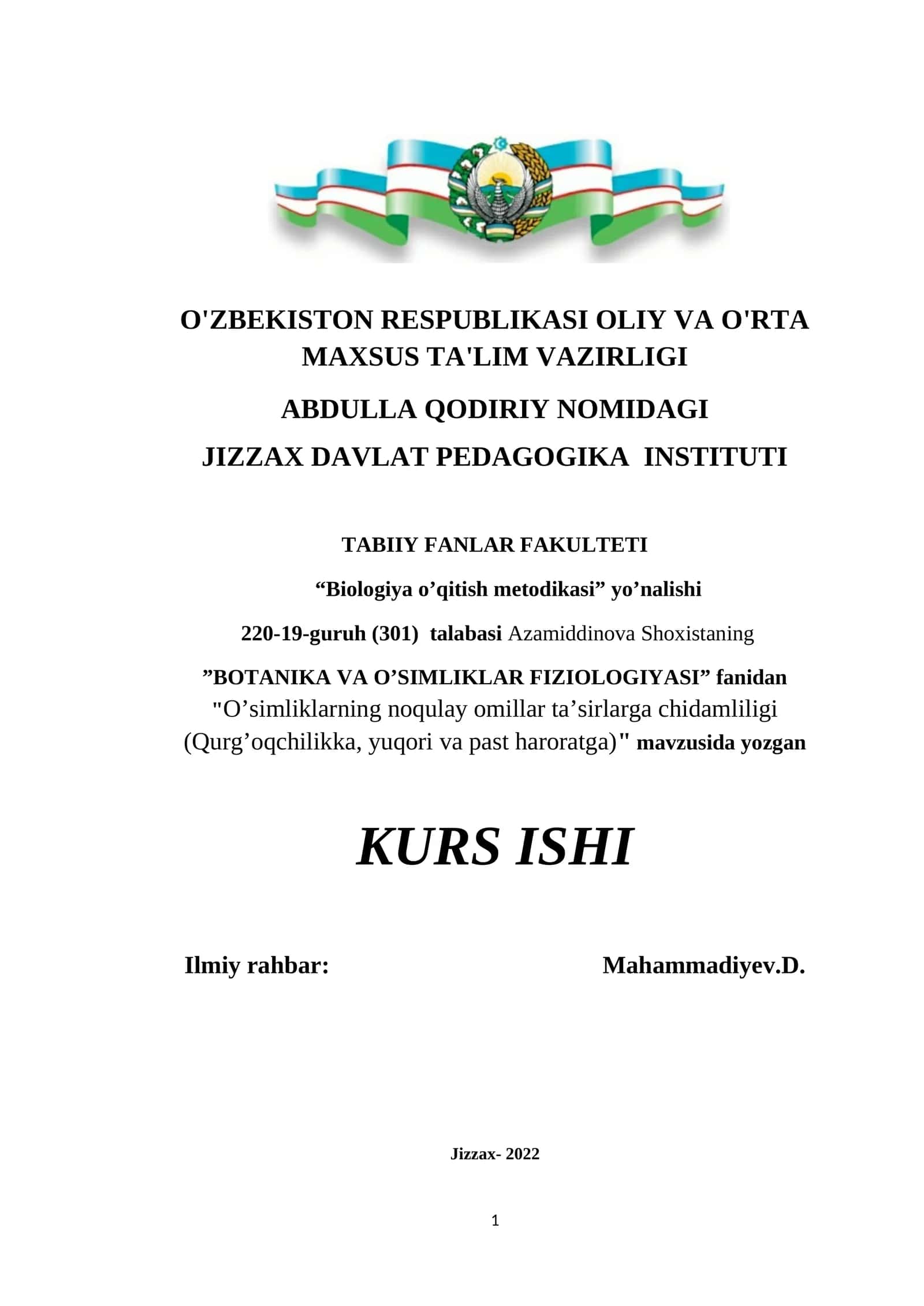 O’simliklarning noqulay omillar ta’sirlarga chidamliligi (Qurg’oqchilikka, yuqori va past haroratga) kurs ishi 1