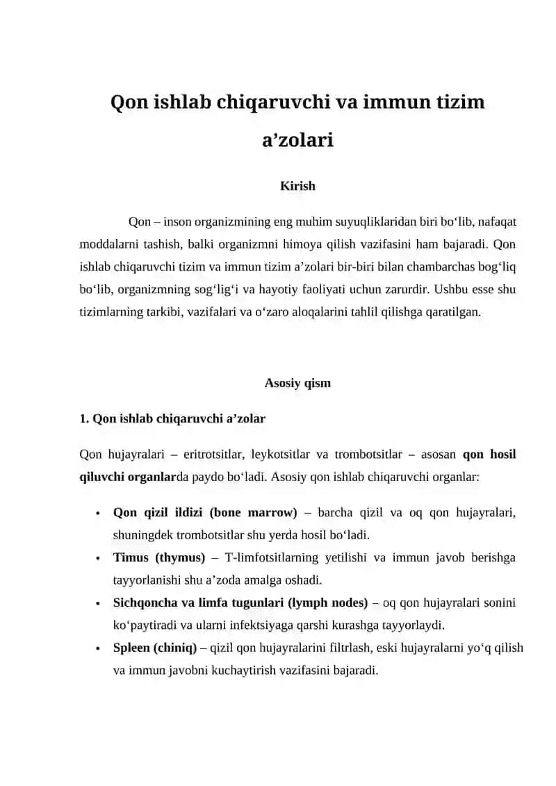 Qon ishlab chiqaruvchi va immun tizim a’zolari