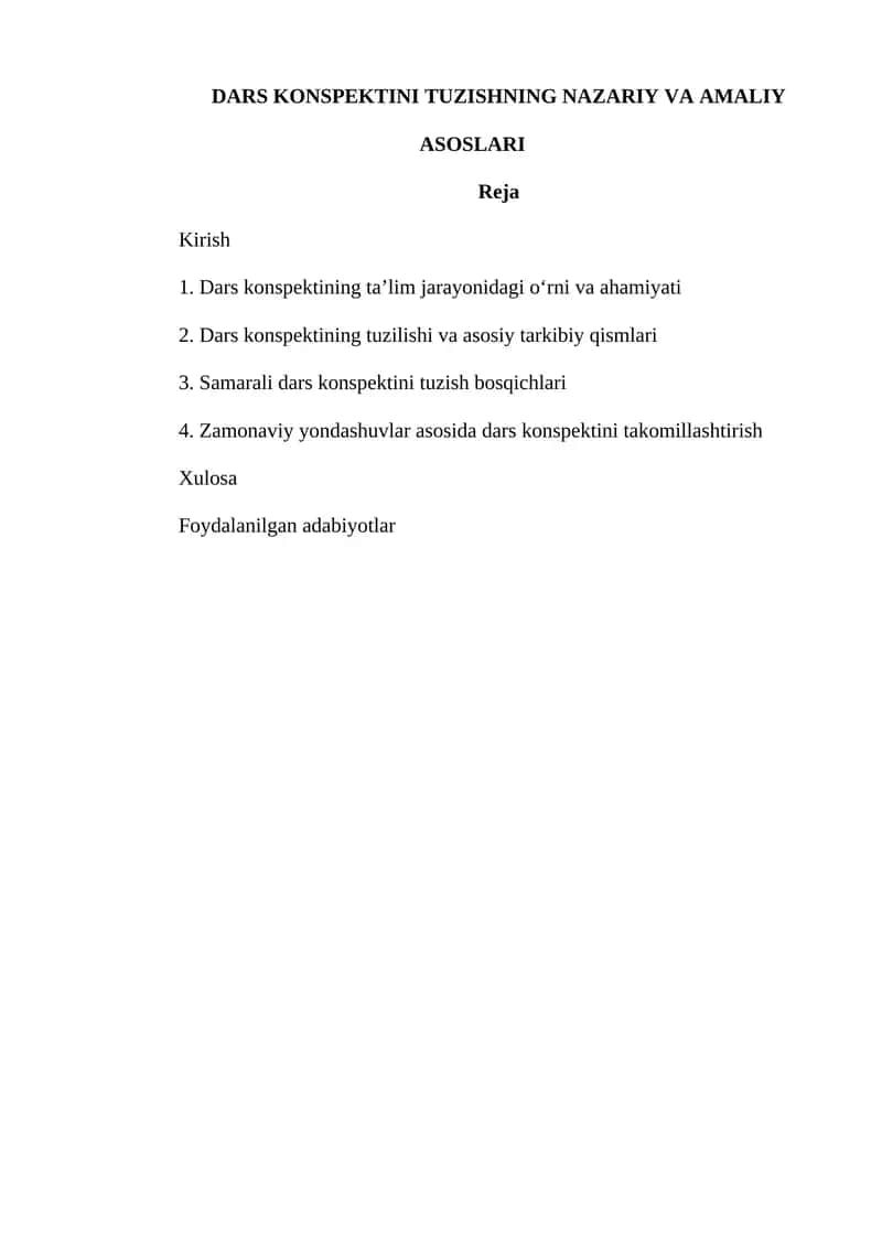 DARS KONSPEKTINI TUZISHNING NAZARIY VA AMALIY ASOSLARI 1