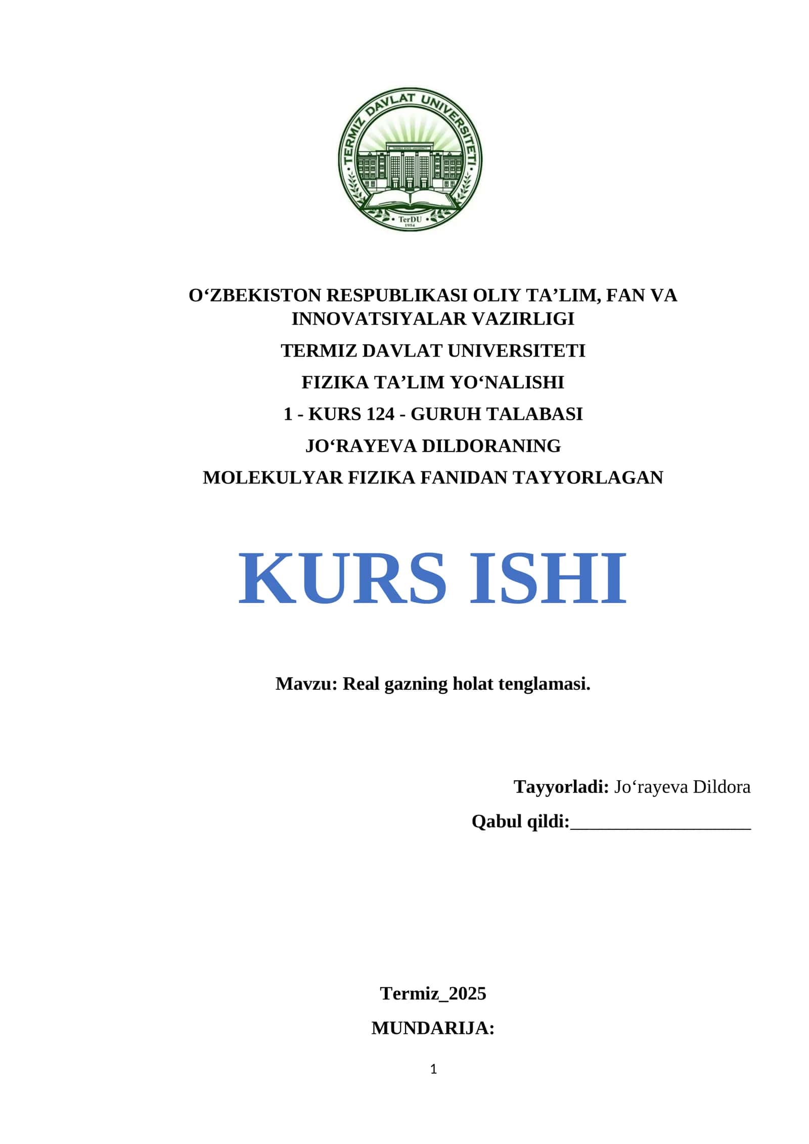 MOLEKULYAR FIZIKA FANIDAN TAYYORLAGAN KURS ISHI 1