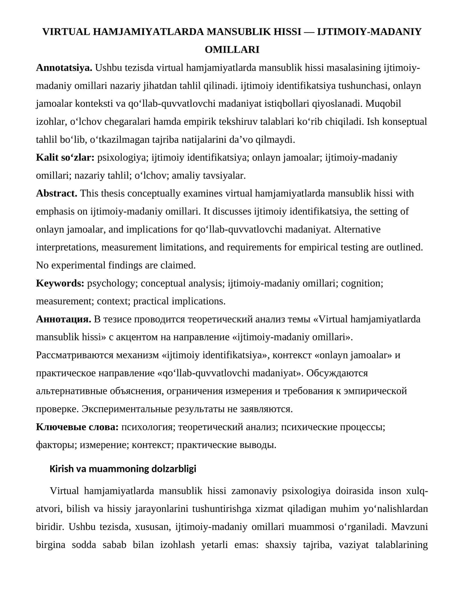 VIRTUAL HAMJAMIYATLARDA MANSUBLIK HISSI — IJTIMOIY-MADANIY OMILLARI 1