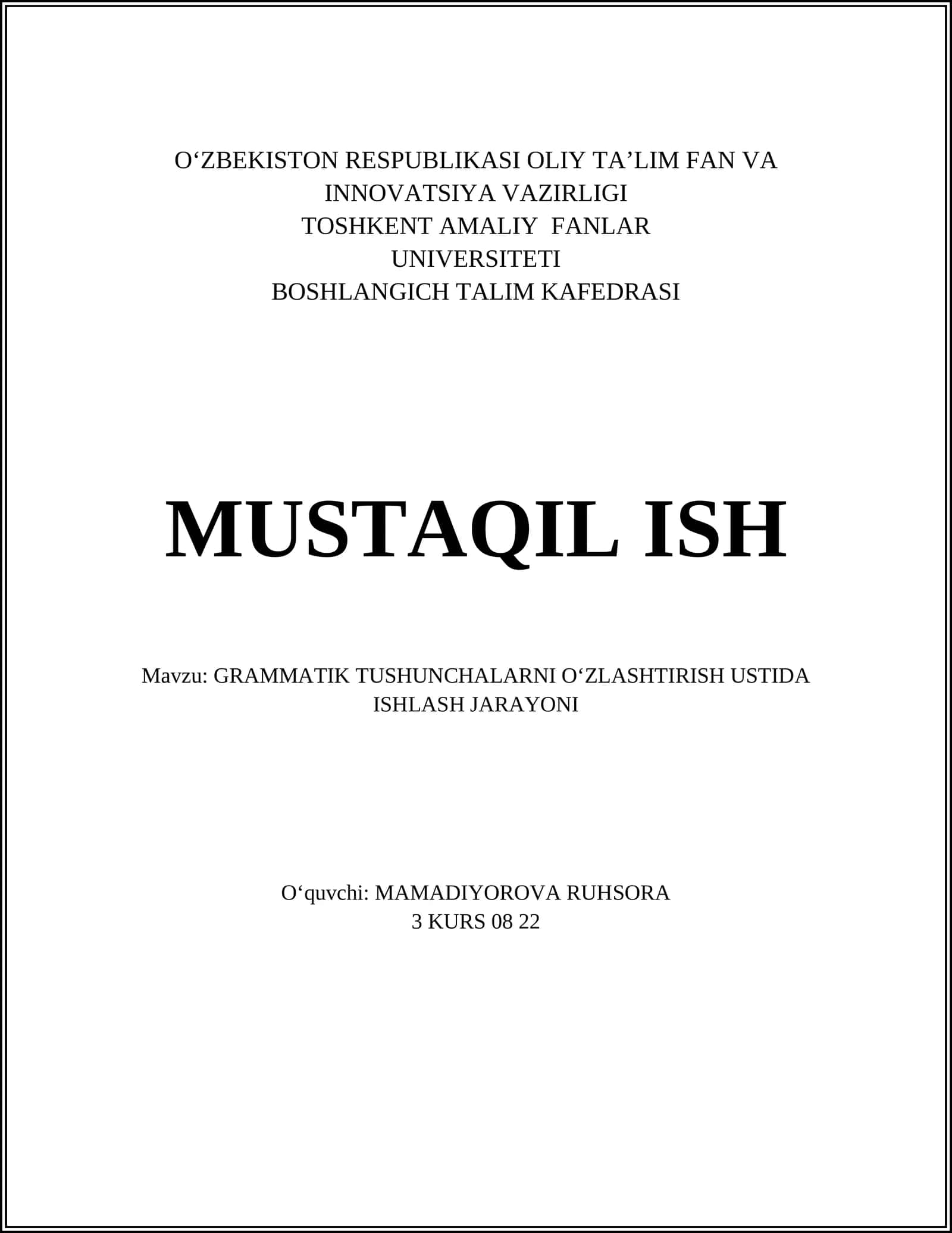 GRAMMATIK TUSHUNCHALARNI OʻZLASHTIRISH USTIDA ISHLASH JARAYONI 1