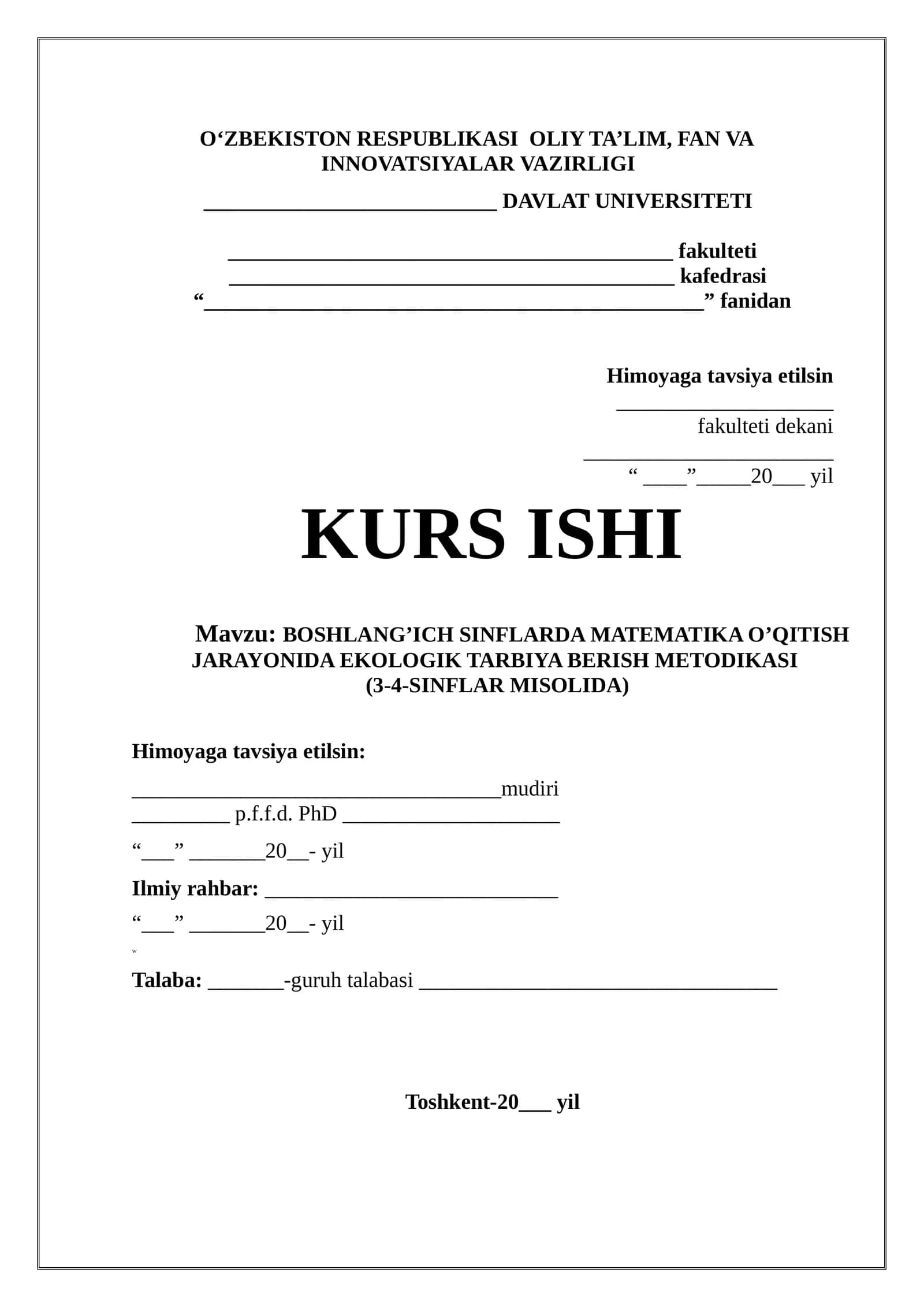 BOSHLANG’ICH SINFLARDA MATEMATIKA O’QITISH JARAYONIDA EKOLOGIK TARBIYA BERISH METODIKASI    (3-4-SINFLAR MISOLIDA) 1